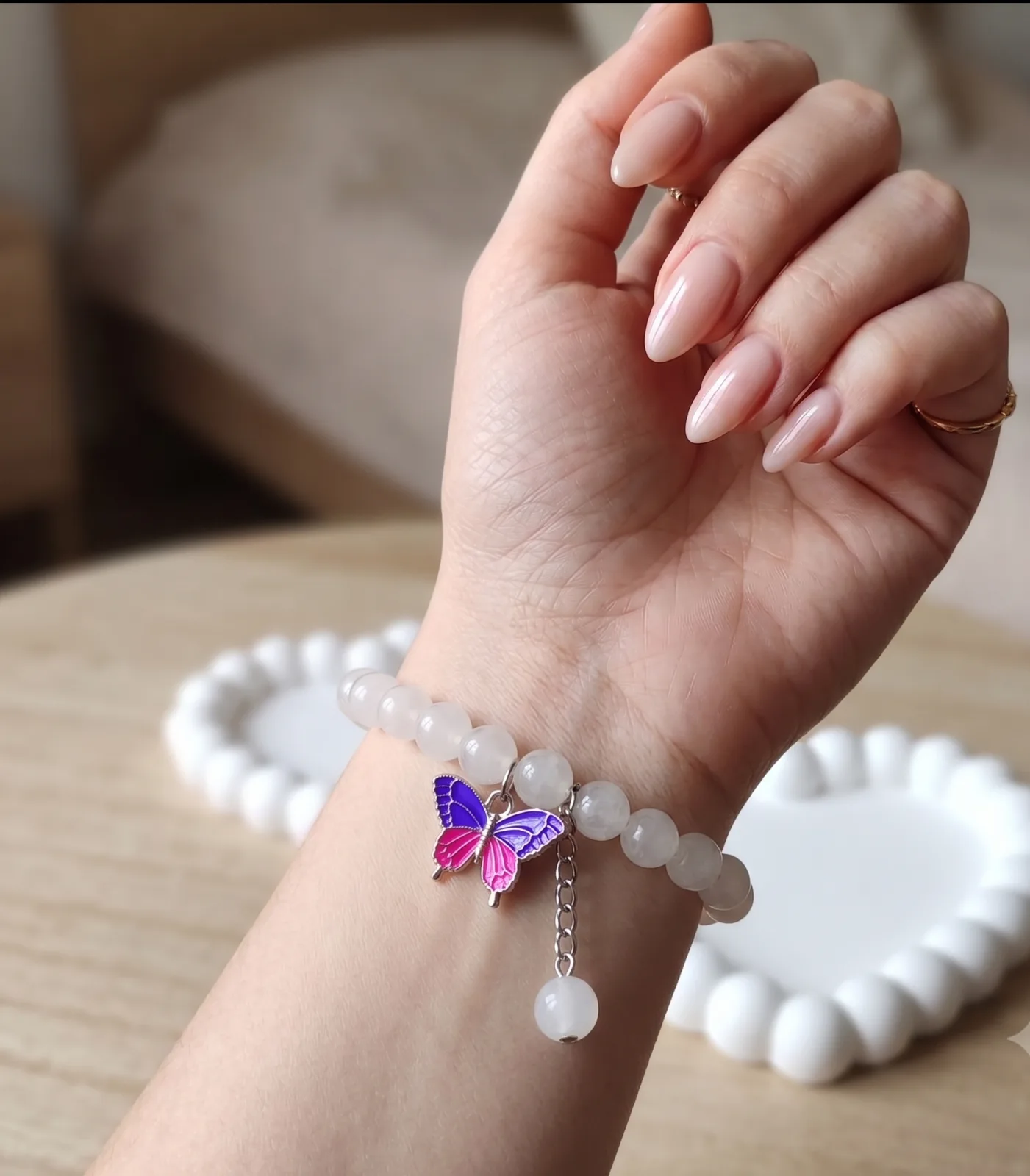 White Beaded Butterfly Charm Bracelet 2