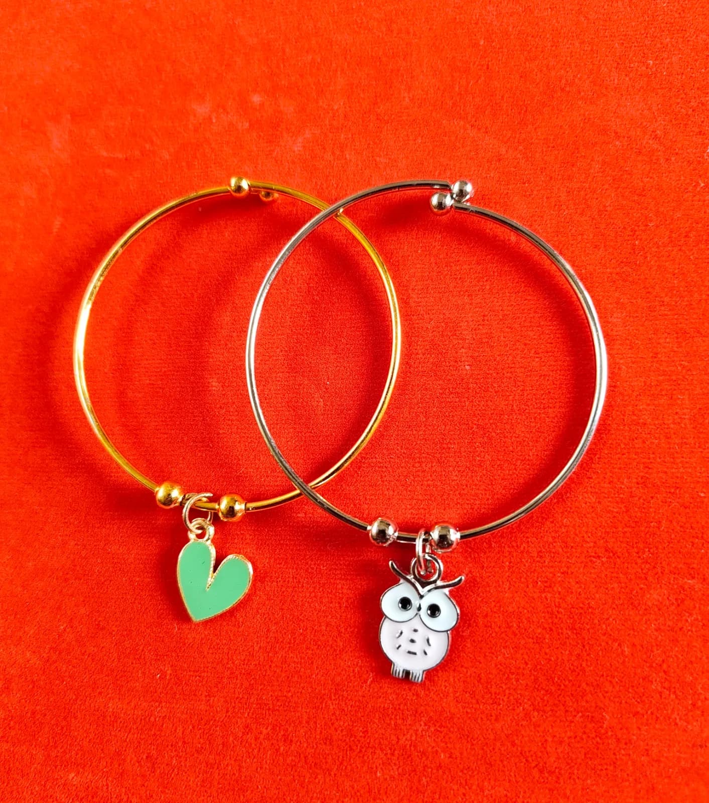 Green Heart And Owl Charm Bangle Bracelets