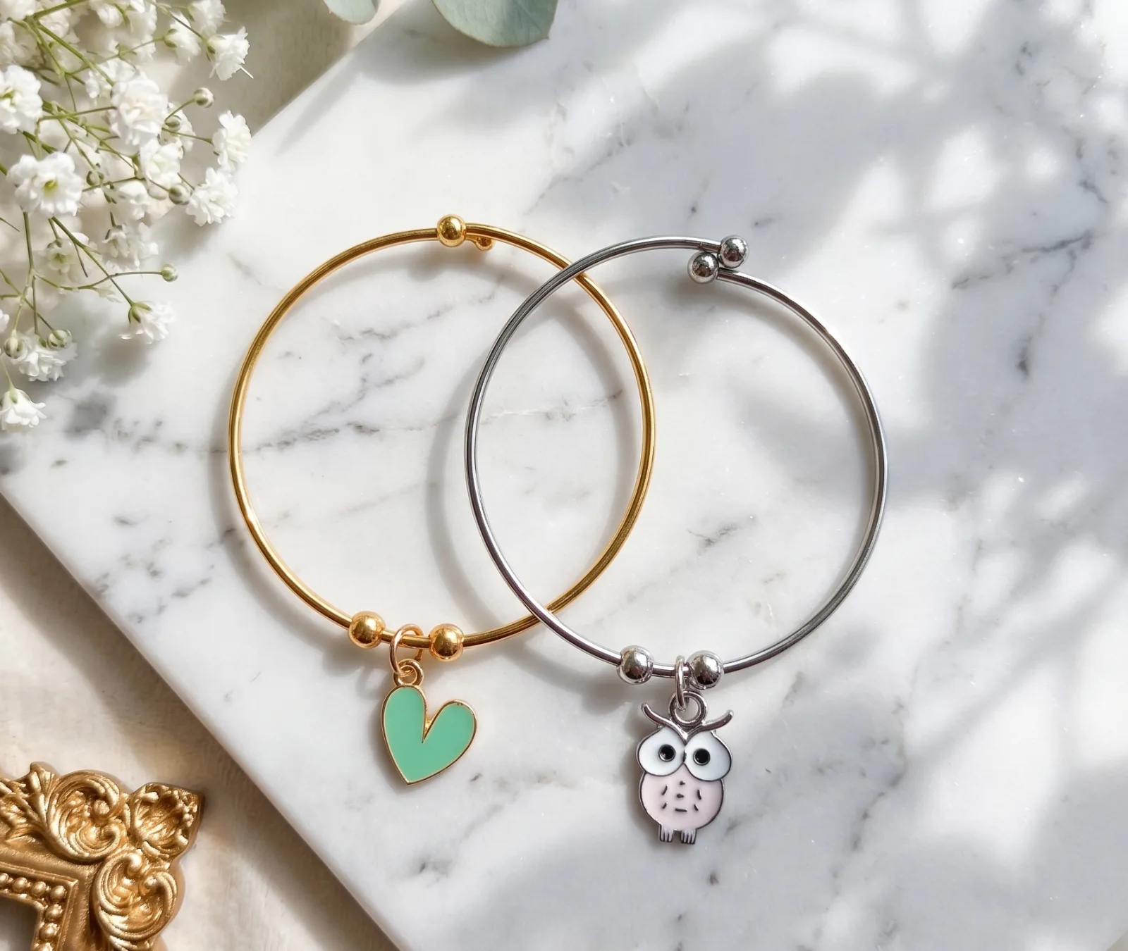 Green Heart And Owl Charm Bangle Bracelets 2