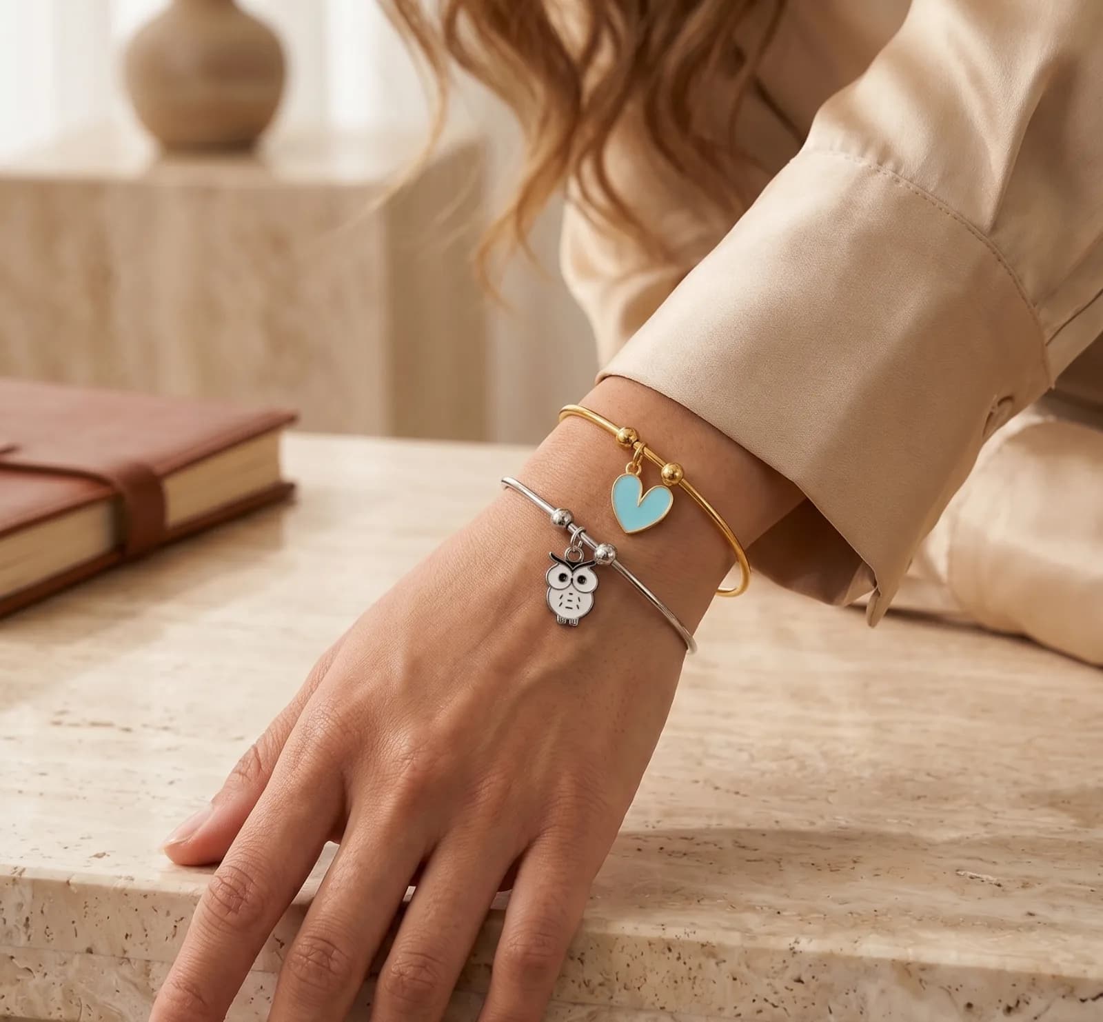 Green Heart And Owl Charm Bangle Bracelets 3