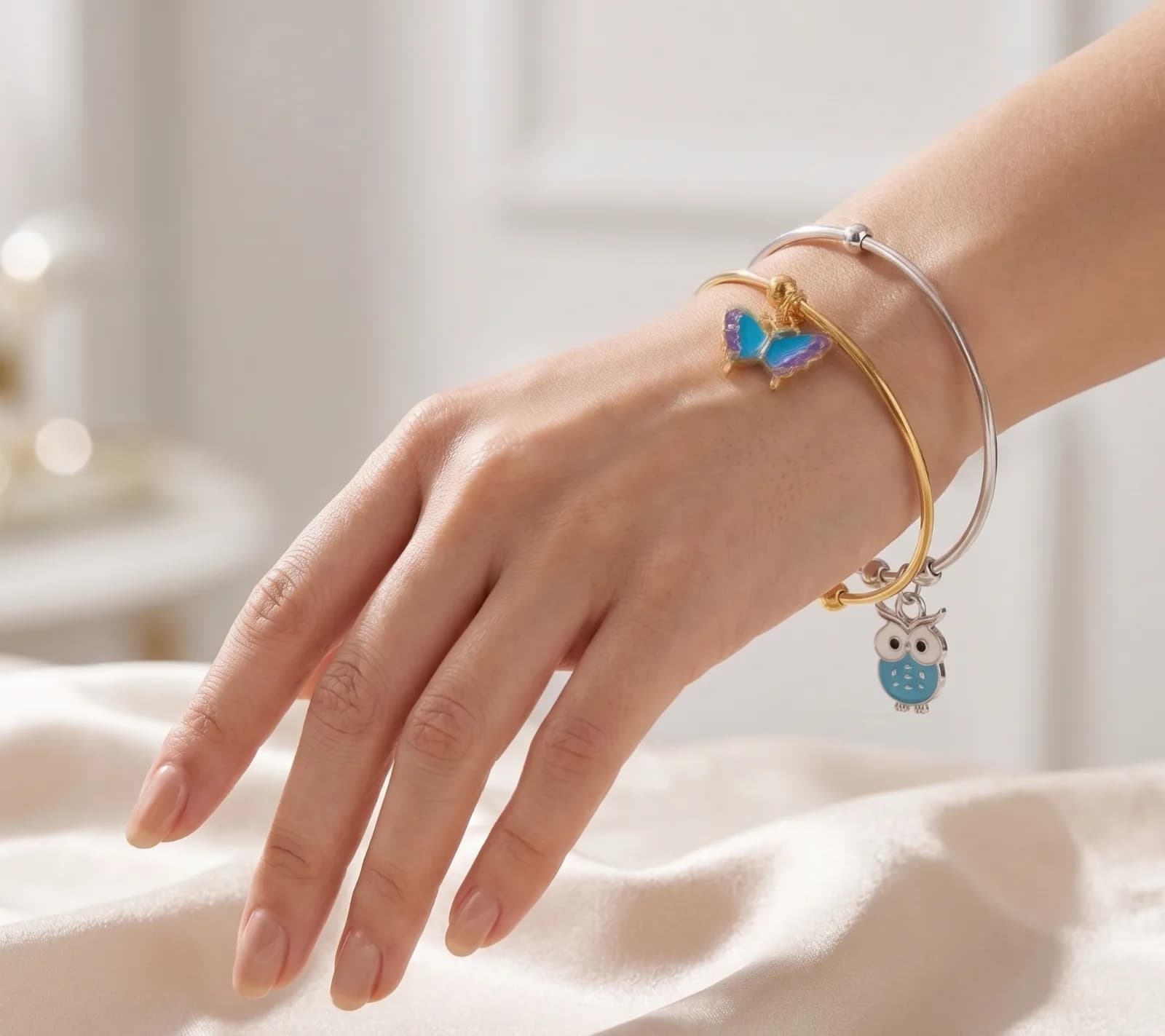 Blue Butterfly And Owl Charm Bangle 3