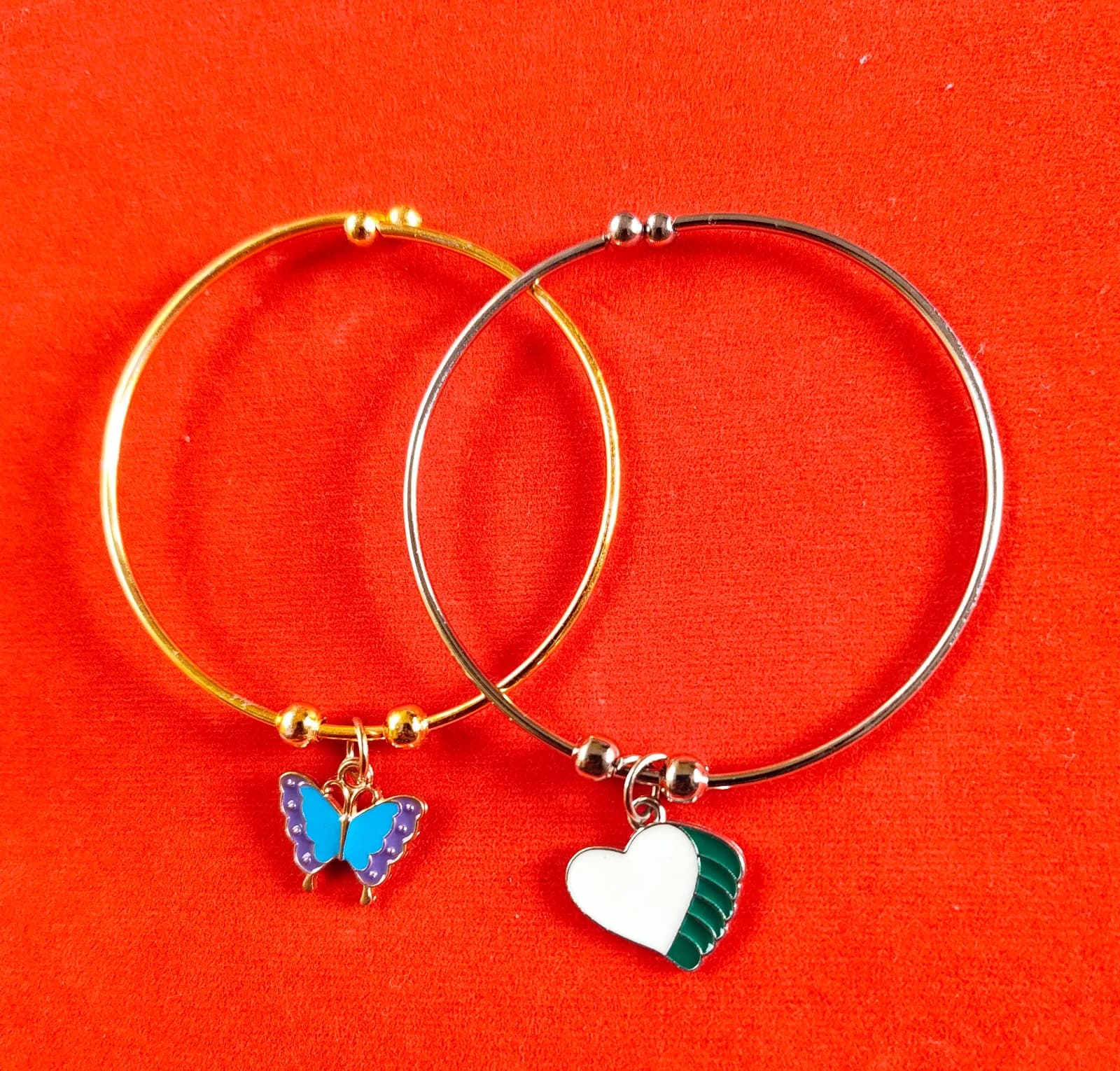 Blue Butterfly And Heart Charm Bangle Bracelet