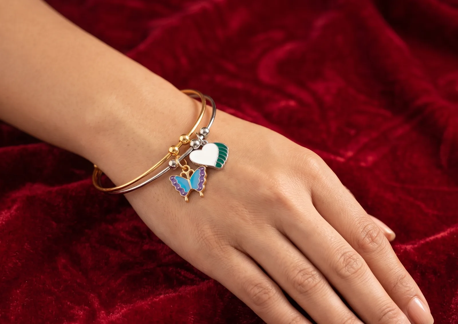 Blue Butterfly And Heart Charm Bangle Bracelet 2