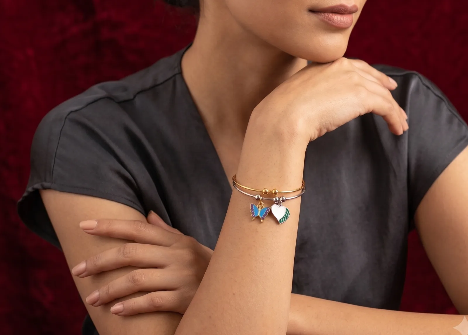 Blue Butterfly And Heart Charm Bangle Bracelet 3