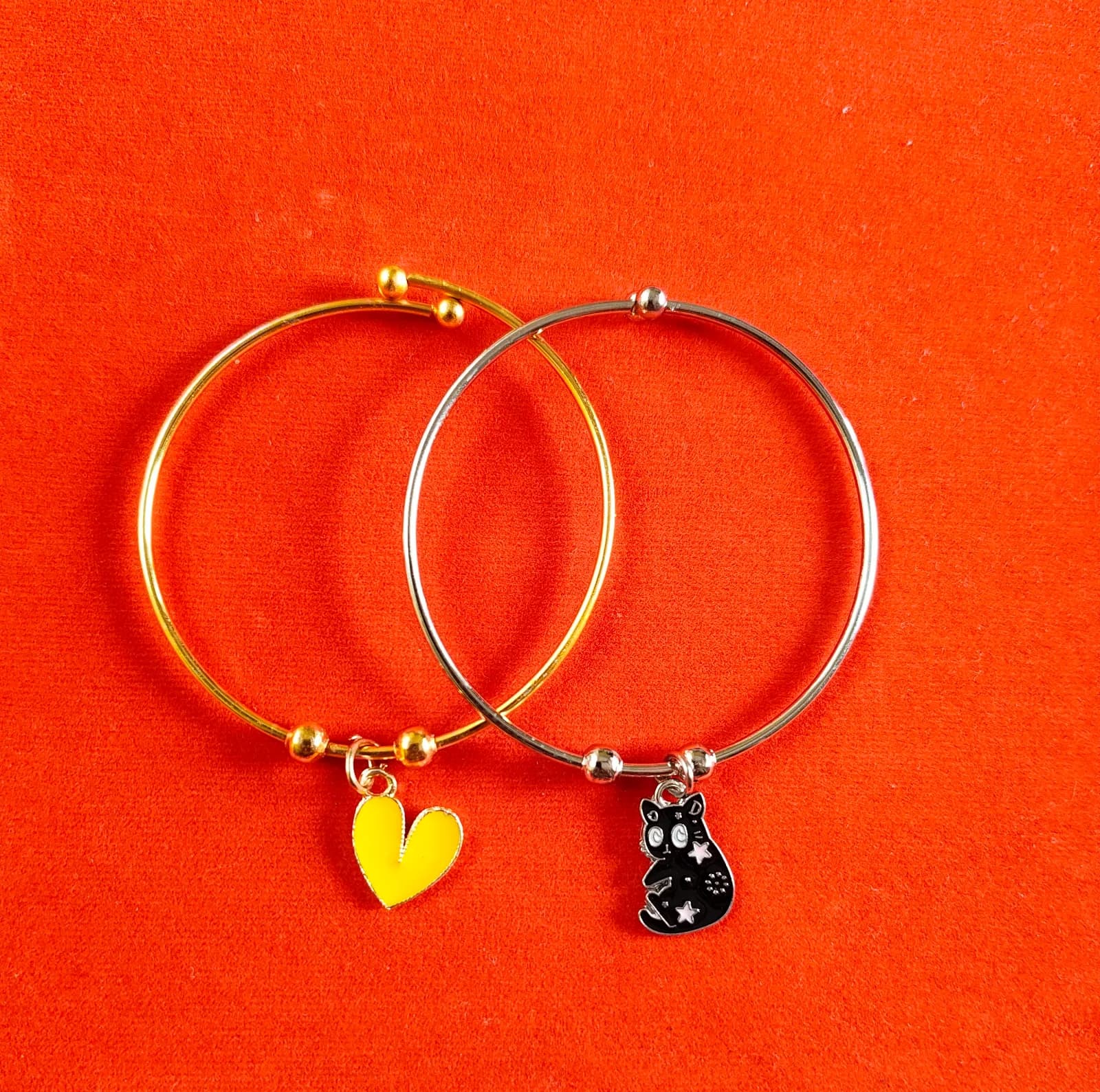 Yellow Heart And Cat Charm Bangle Bracelets