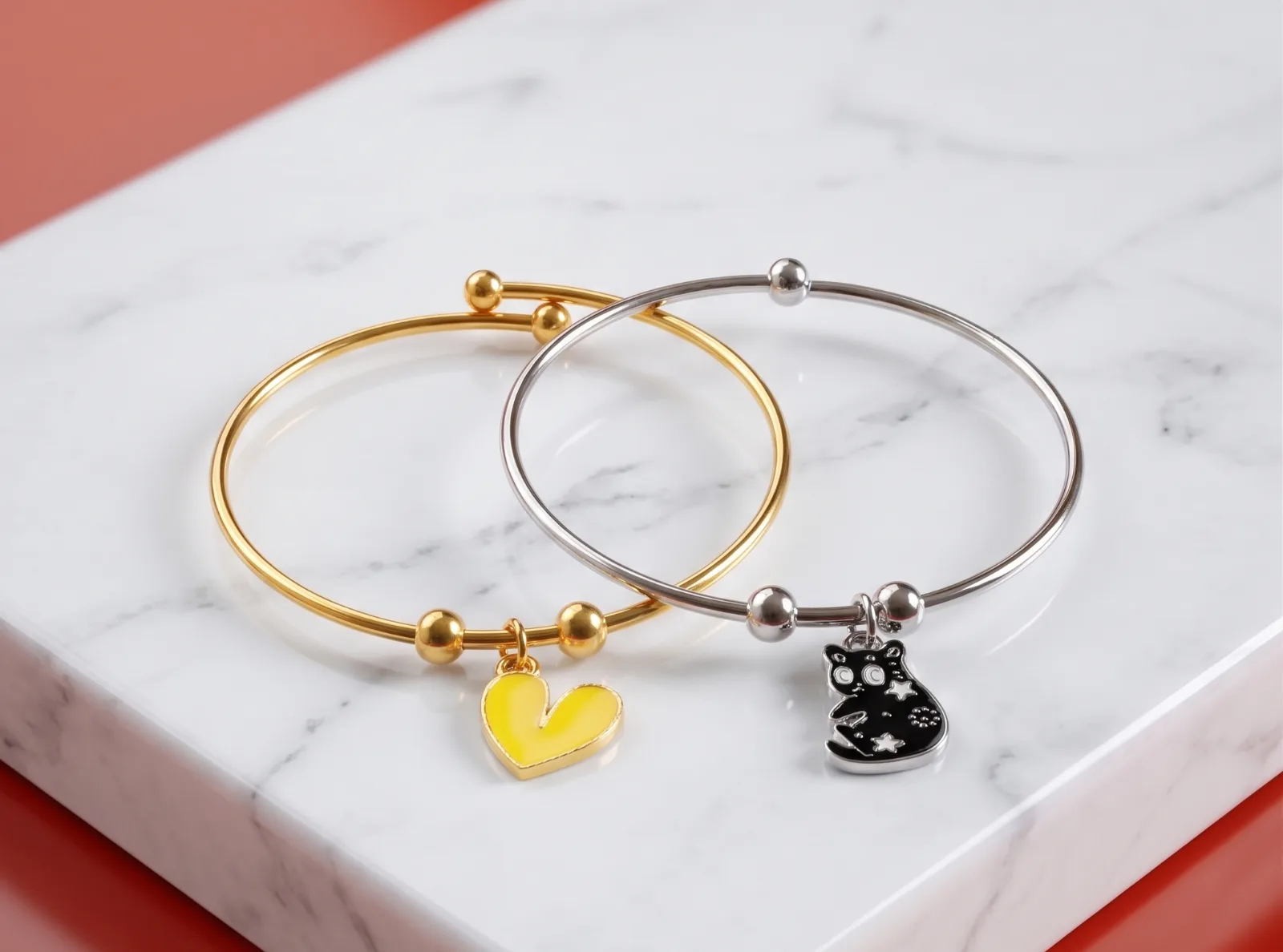 Yellow Heart And Cat Charm Bangle Bracelets 2