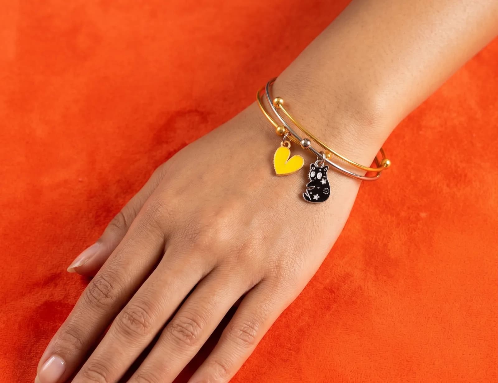 Yellow Heart And Cat Charm Bangle Bracelets 3
