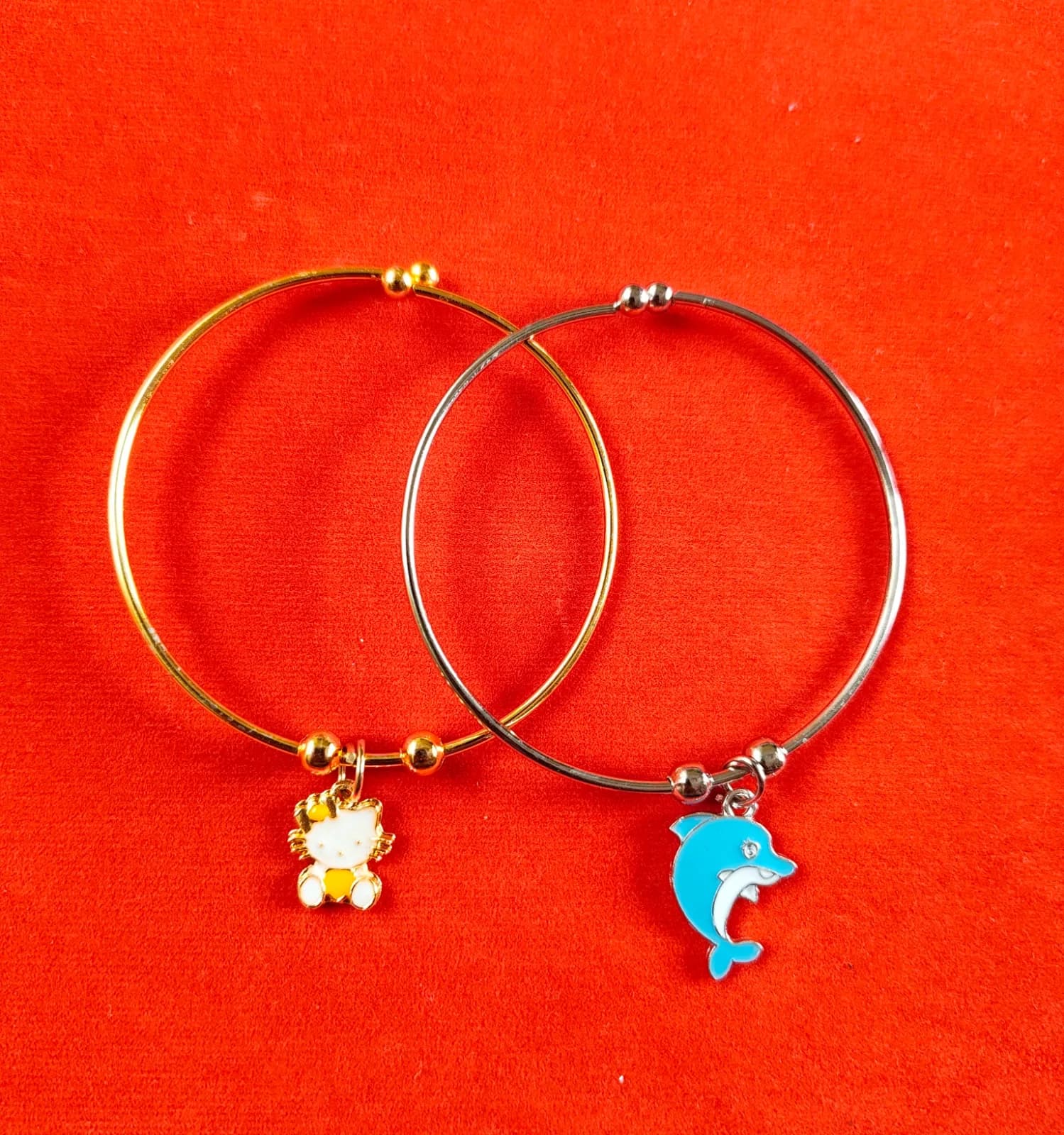 Dual Tone Kitty And Dolphin Charm Bangle Bracelets 2