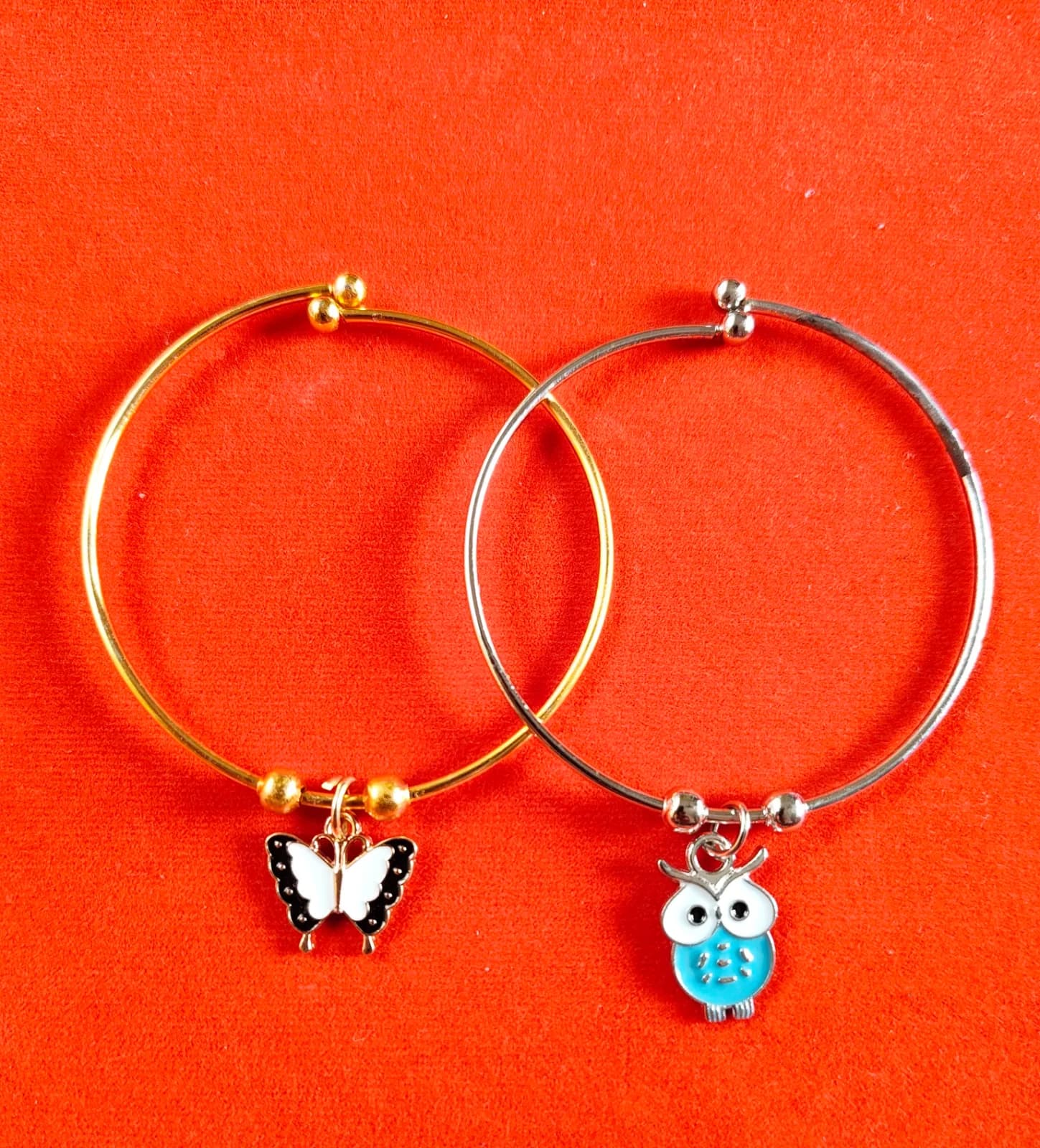 Butterfly And Blue Owl Charm Bangle Bracelets
