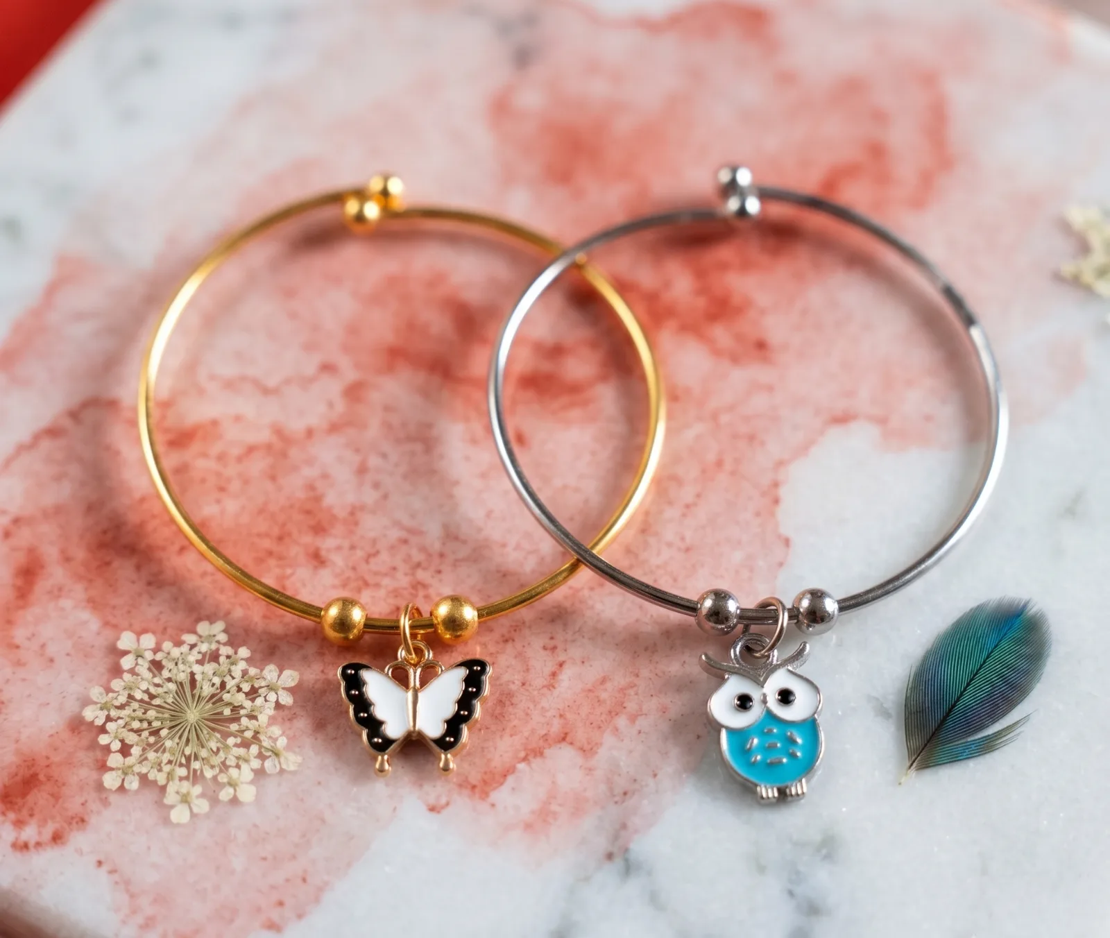 Butterfly And Blue Owl Charm Bangle Bracelets 2