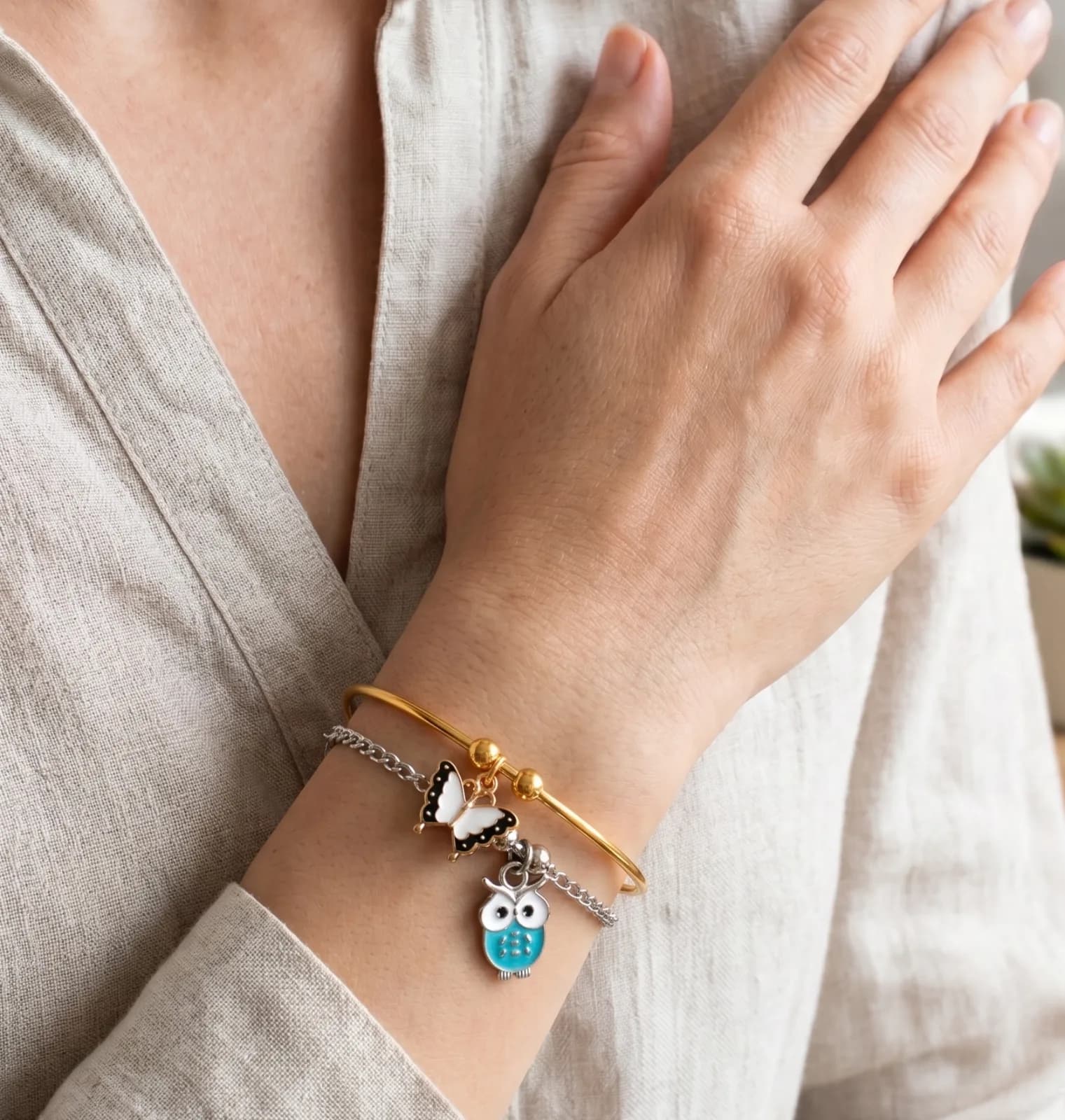Butterfly And Blue Owl Charm Bangle Bracelets 3