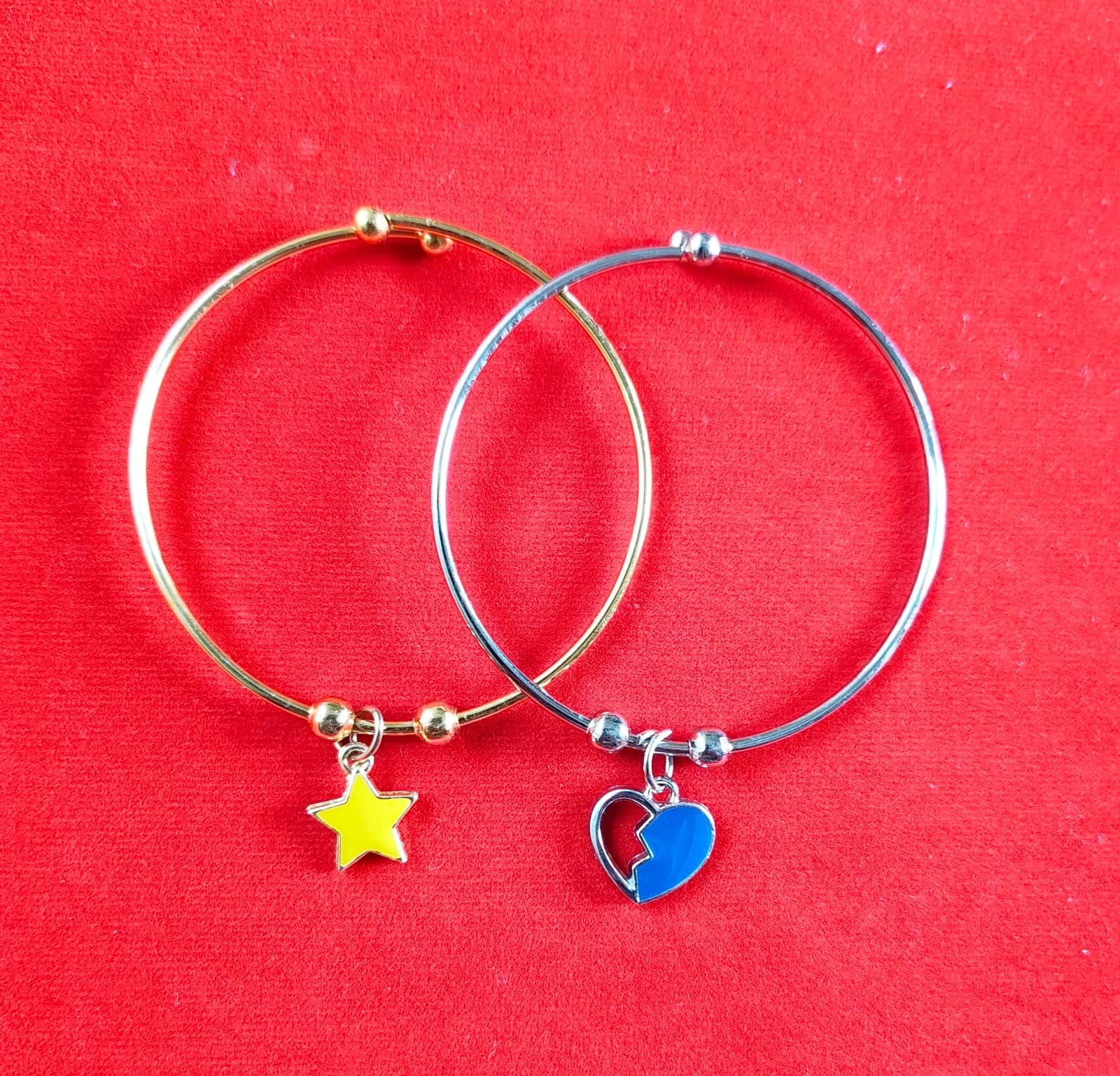 Yellow Star And Blue Split Heart Charm Bangle Bracelets