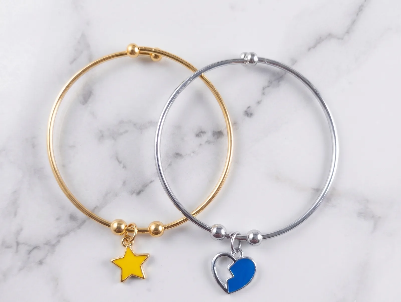 Yellow Star And Blue Split Heart Charm Bangle Bracelets 2