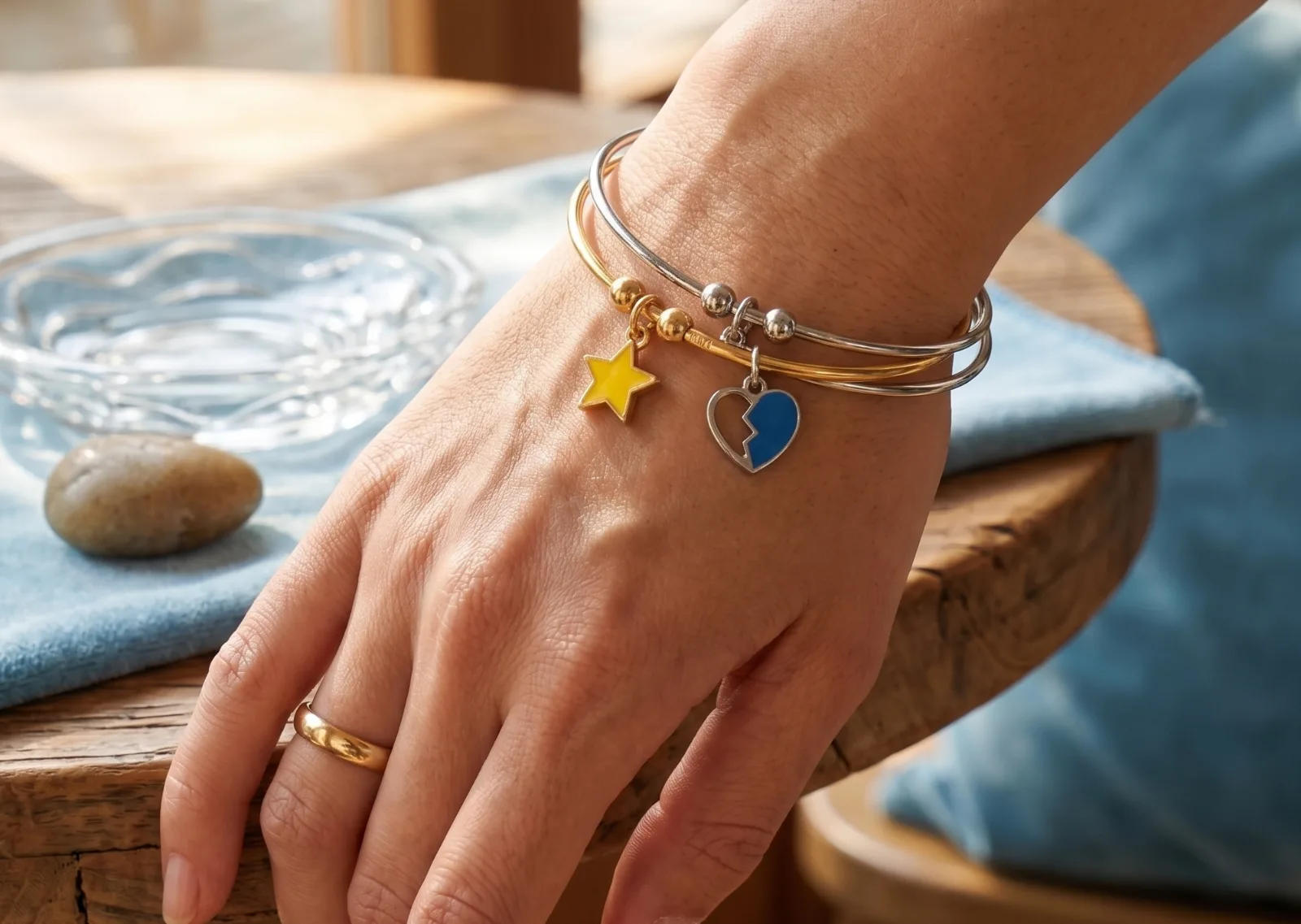 Yellow Star And Blue Split Heart Charm Bangle Bracelets 3