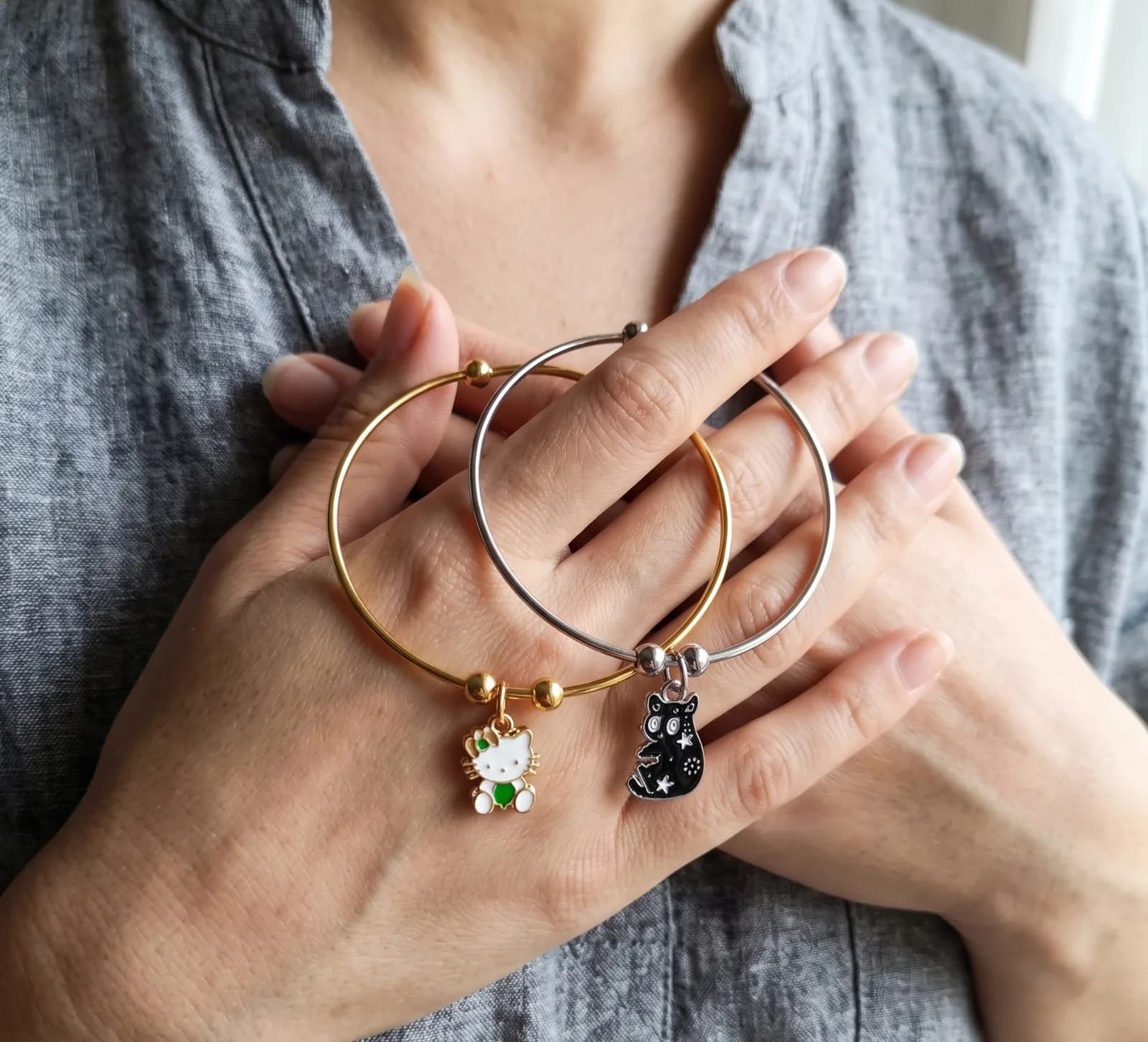 Dual Tone Kitty Cat Bangle Bracelets 2