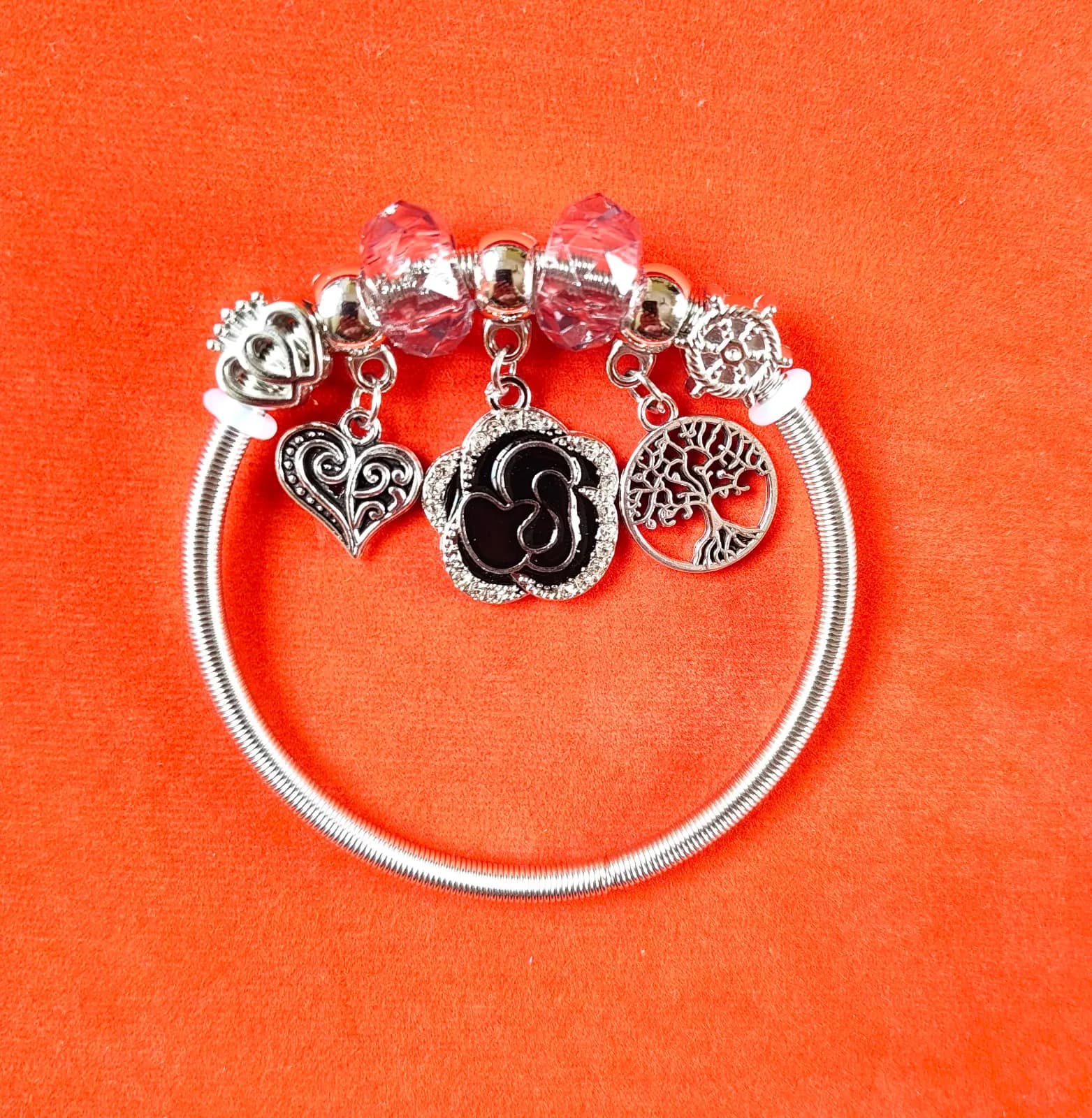 Silver Rose & Tree Charm Bangle Bracelets
