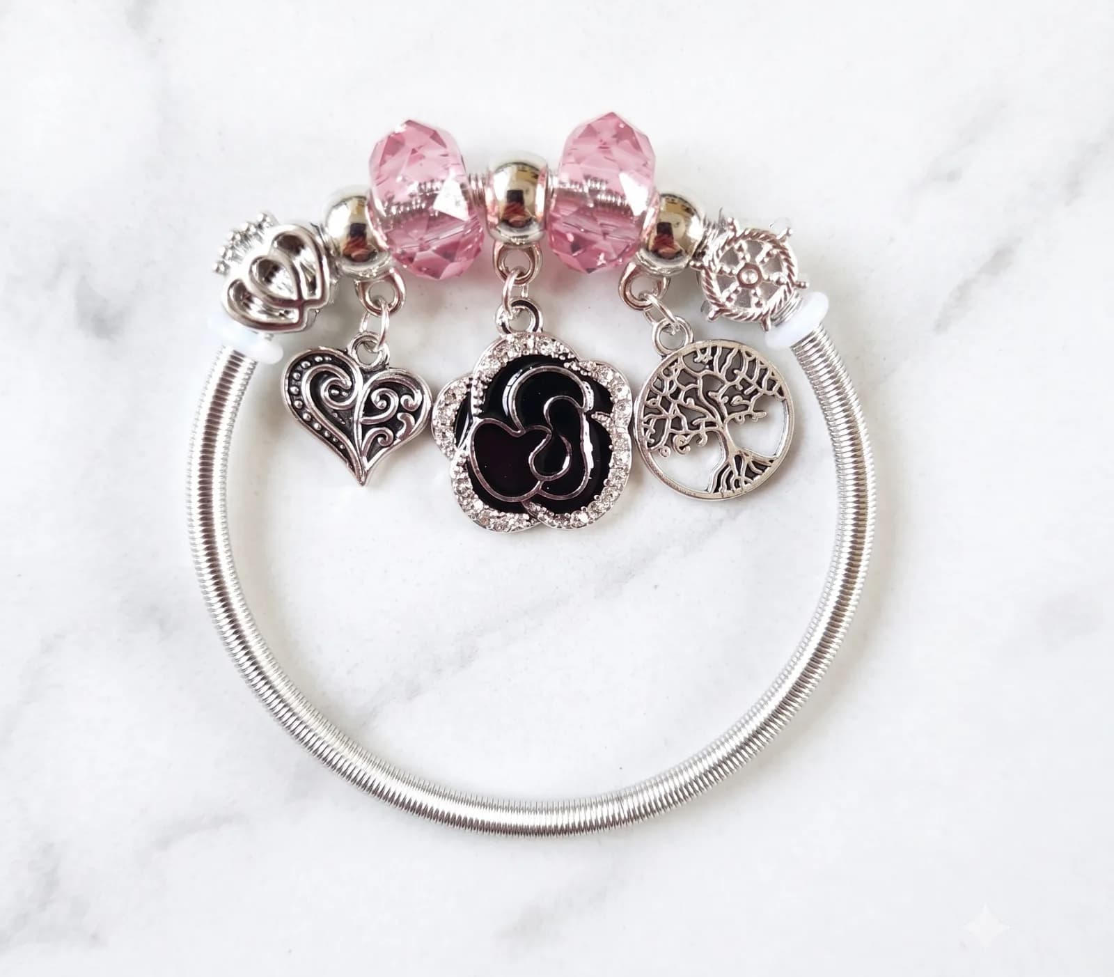 Silver Rose & Tree Charm Bangle Bracelets 3