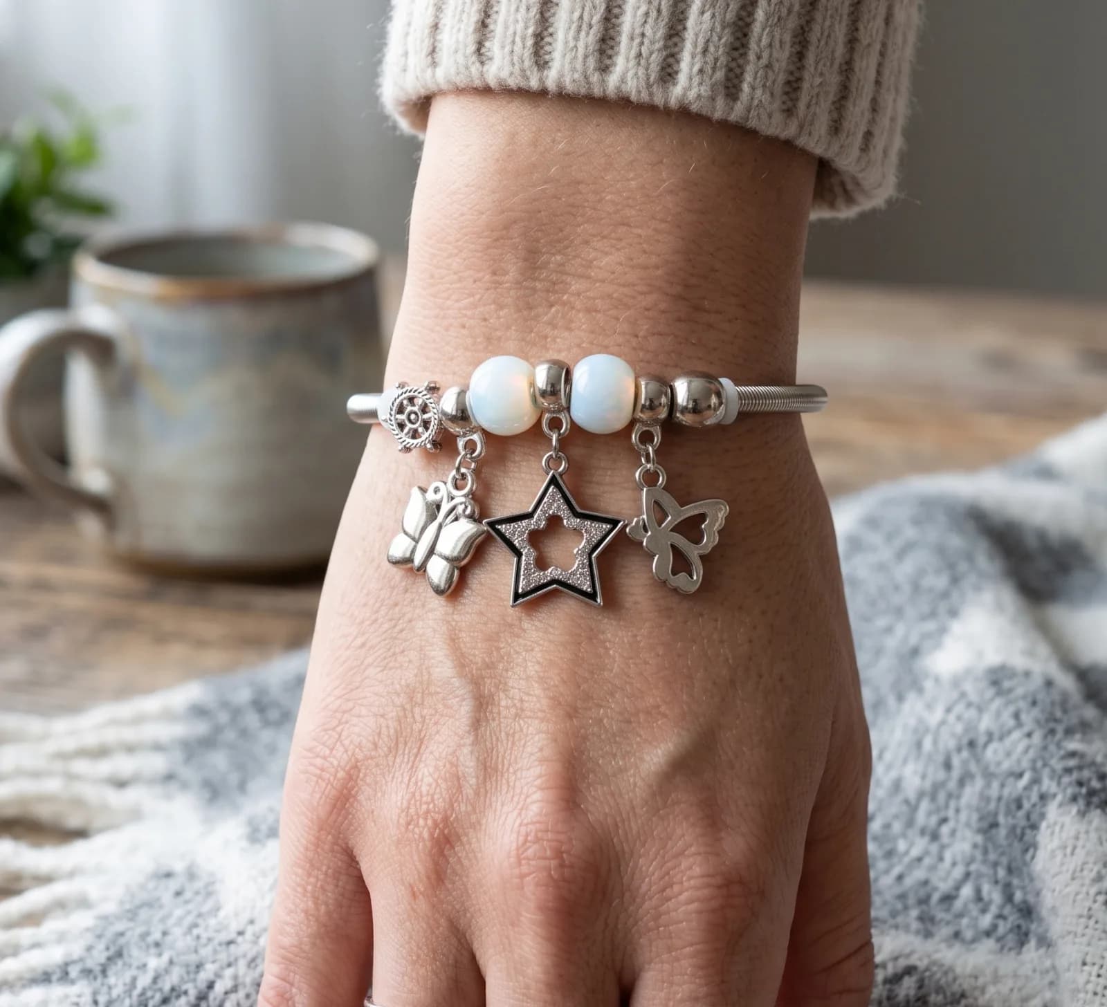 Silver Butterfly Star Charm Bangle Bracelets 2