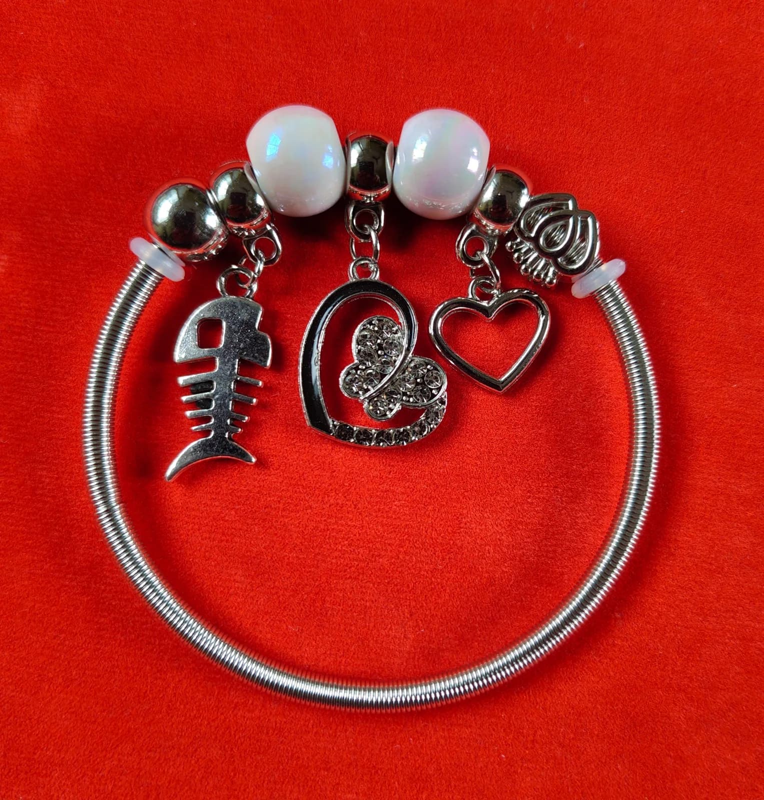 Silver Fish Bone Heart Charm Bangle Bracelets
