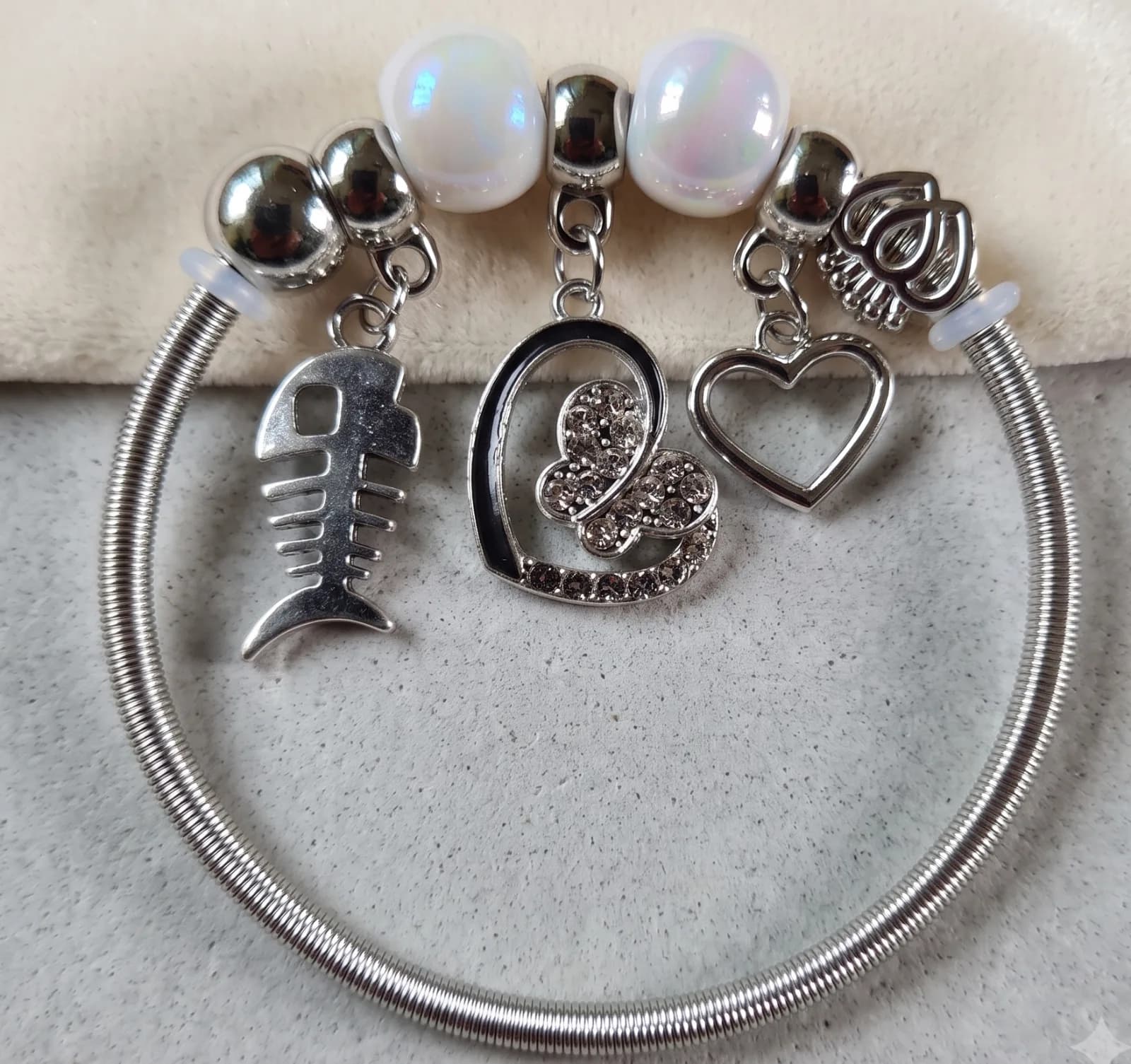 Silver Fish Bone Heart Charm Bangle Bracelets 3
