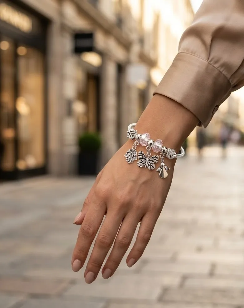 Silver Hamsa Butterfly Charm Bangle Bracelets 2