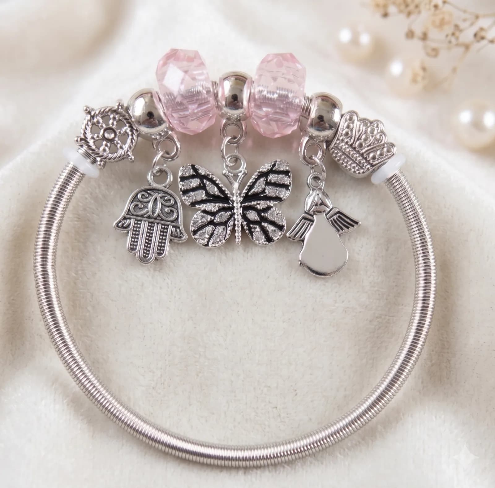 Silver Hamsa Butterfly Charm Bangle Bracelets 3