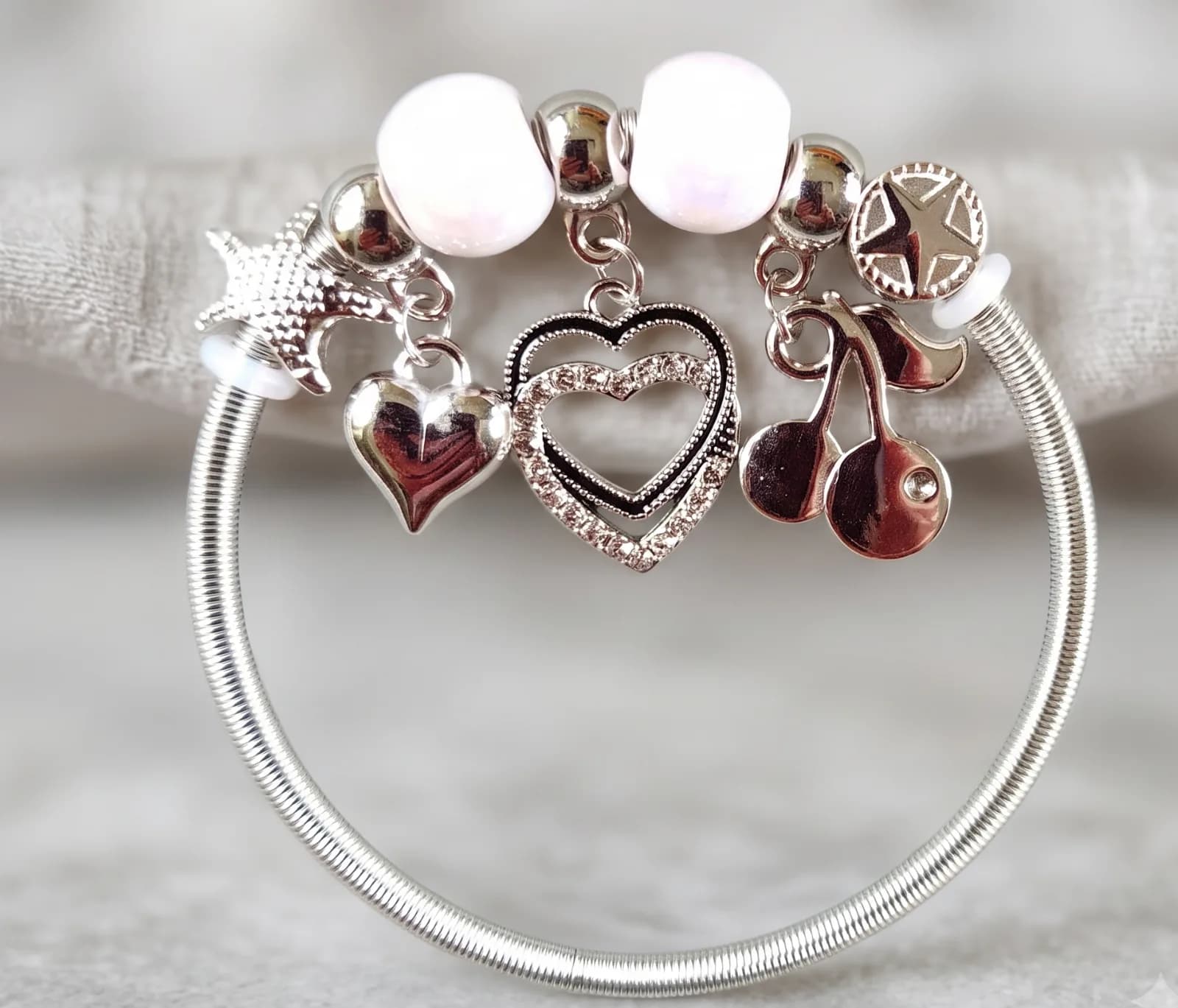 Silver Heart Cherry Charm Bangle Bracelets