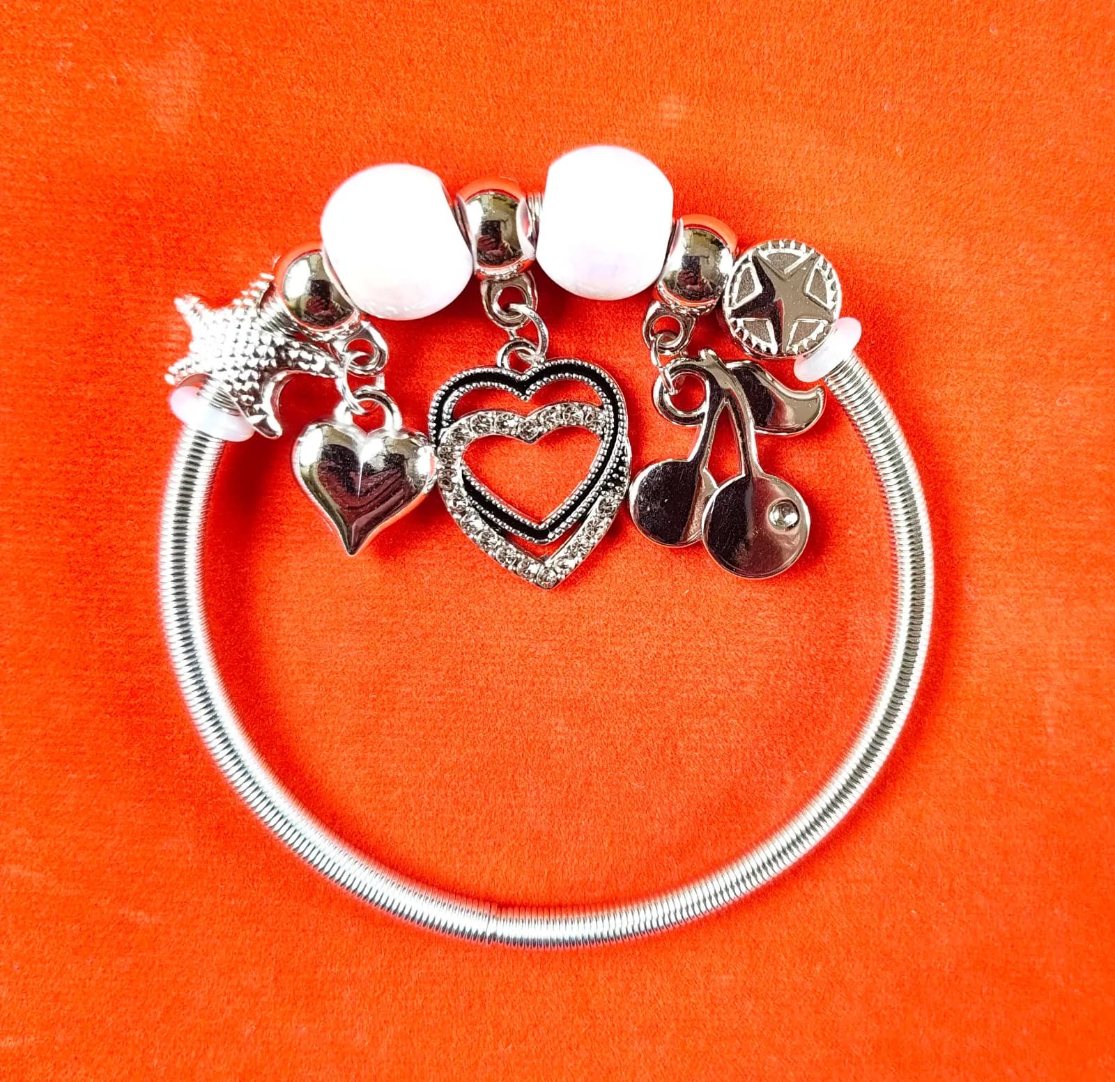 Silver Heart Cherry Charm Bangle Bracelets 2