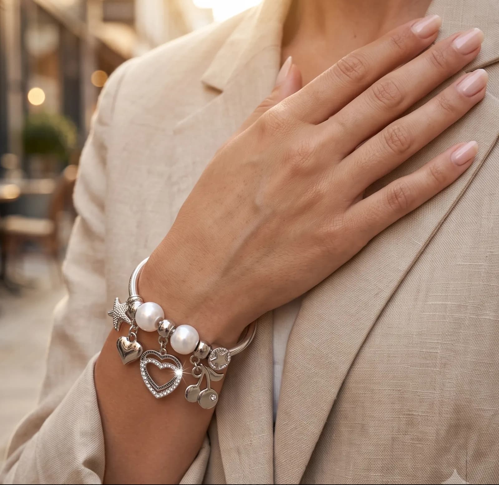 Silver Heart Cherry Charm Bangle Bracelets 3