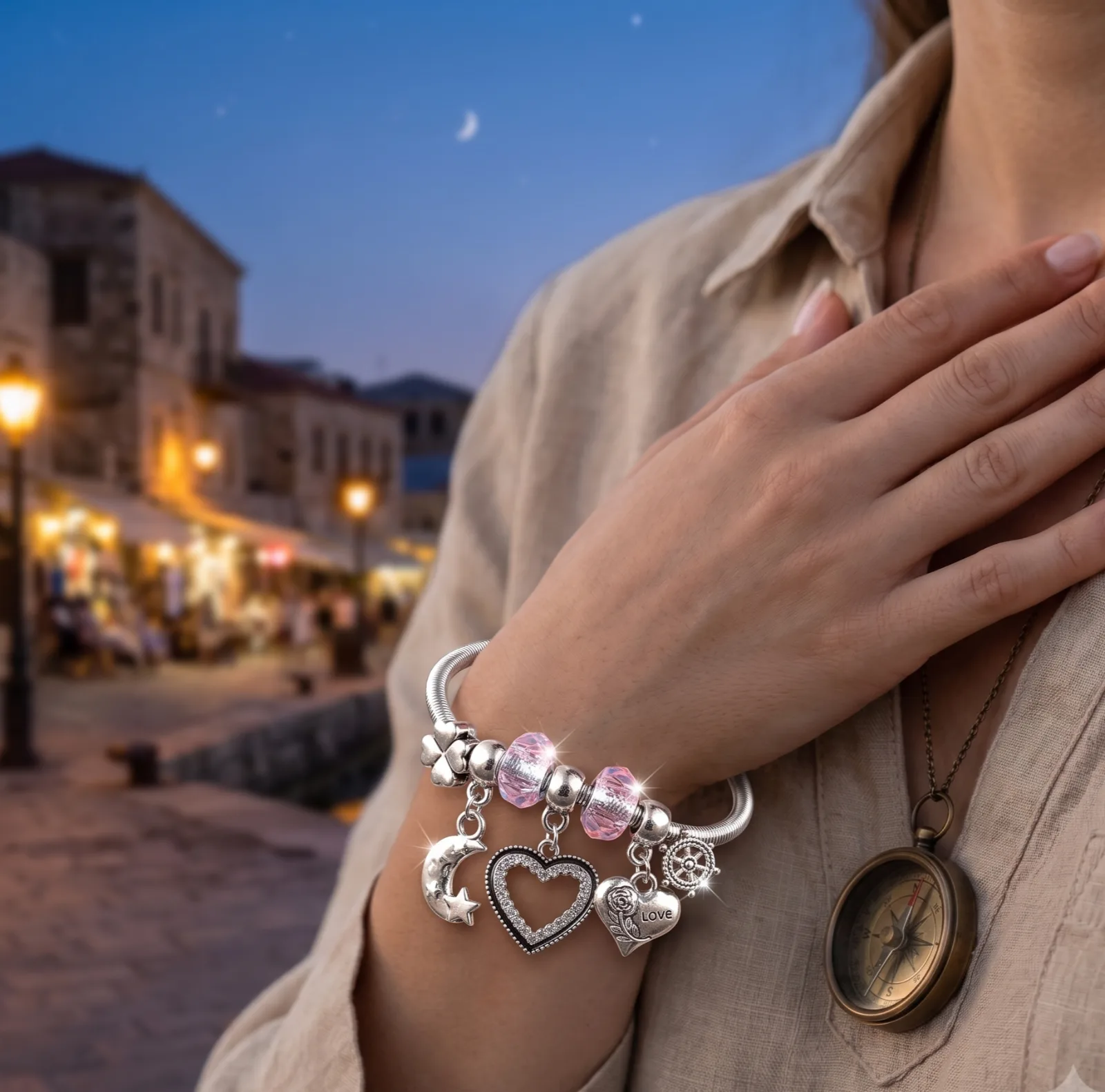 Silver Moon Heart Charm Bangle Bracelets