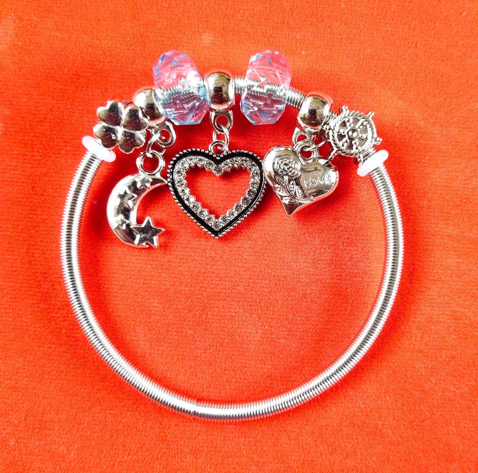 Silver Moon Heart Charm Bangle Bracelets 2