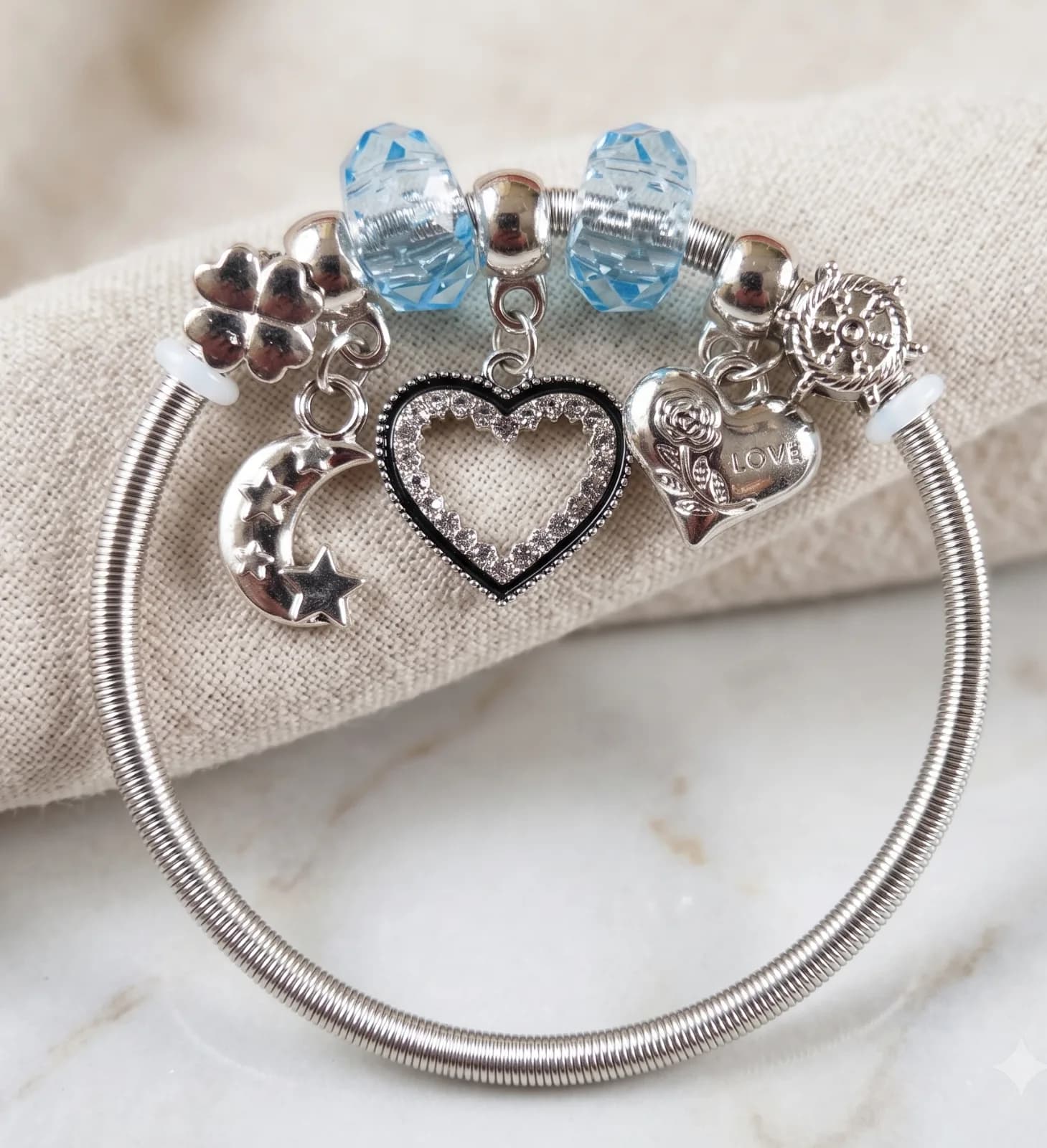 Silver Moon Heart Charm Bangle Bracelets 3