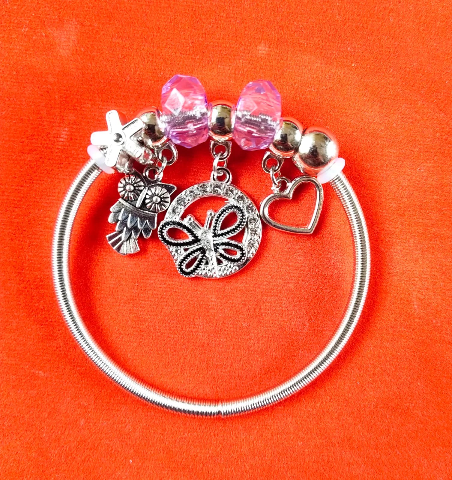 Silver Owl Butterfly Heart Charm Bangle Bracelets