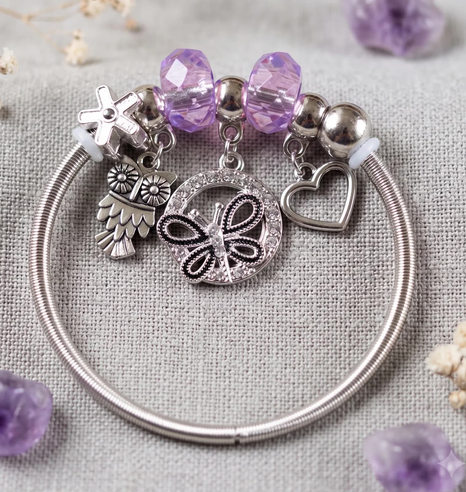 Silver Owl Butterfly Heart Charm Bangle Bracelets 3