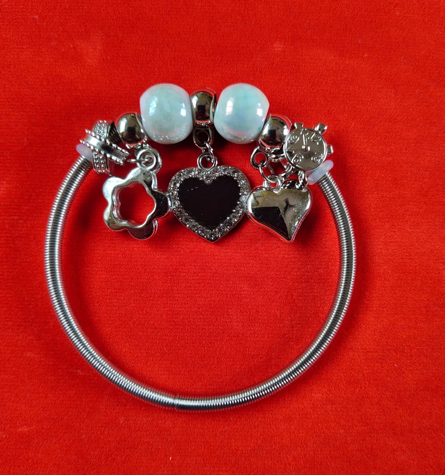 Silver Flower Crystal Heart Charm Bangle Bracelets