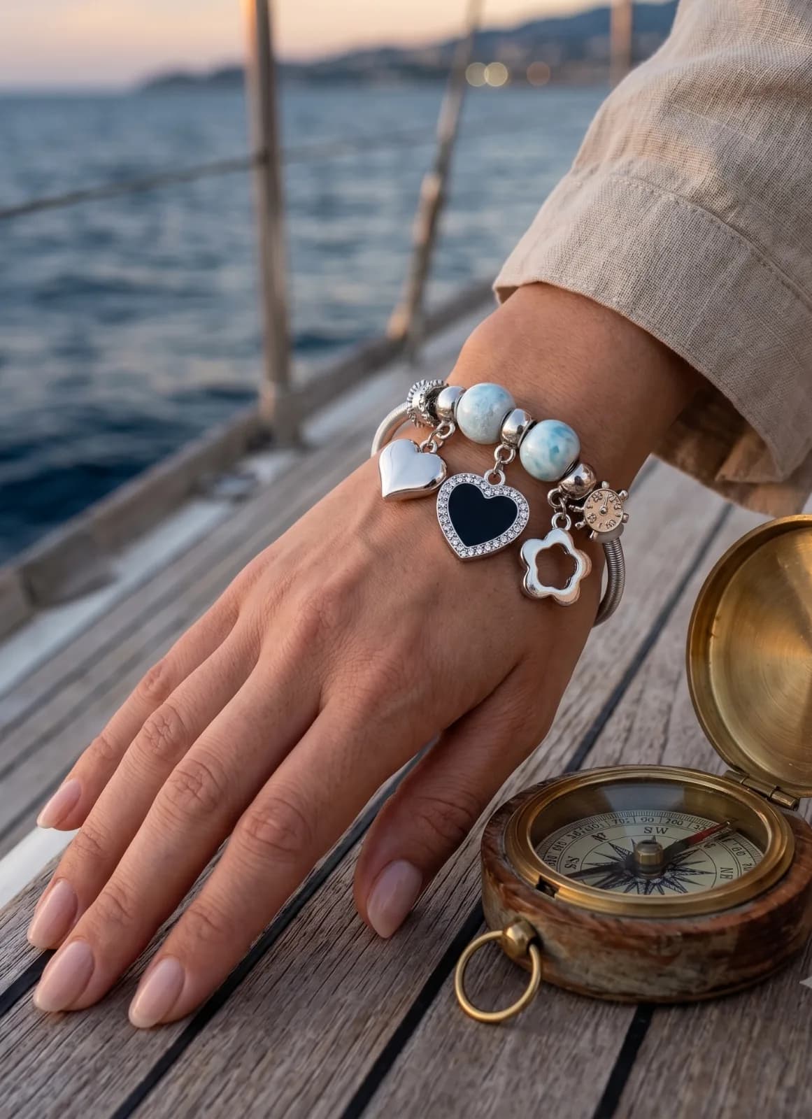 Silver Flower Crystal Heart Charm Bangle Bracelets 2