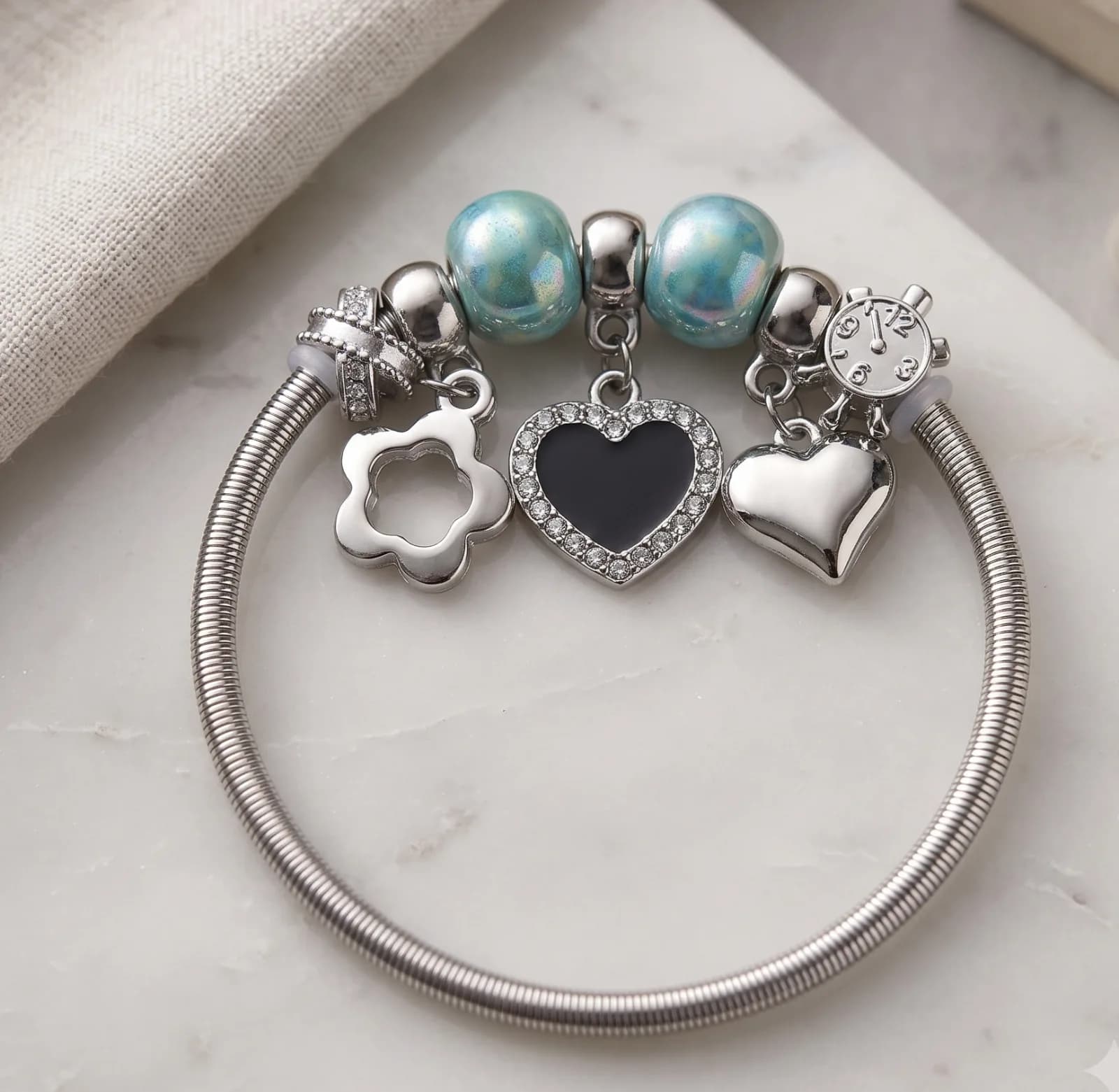 Silver Flower Crystal Heart Charm Bangle Bracelets 3