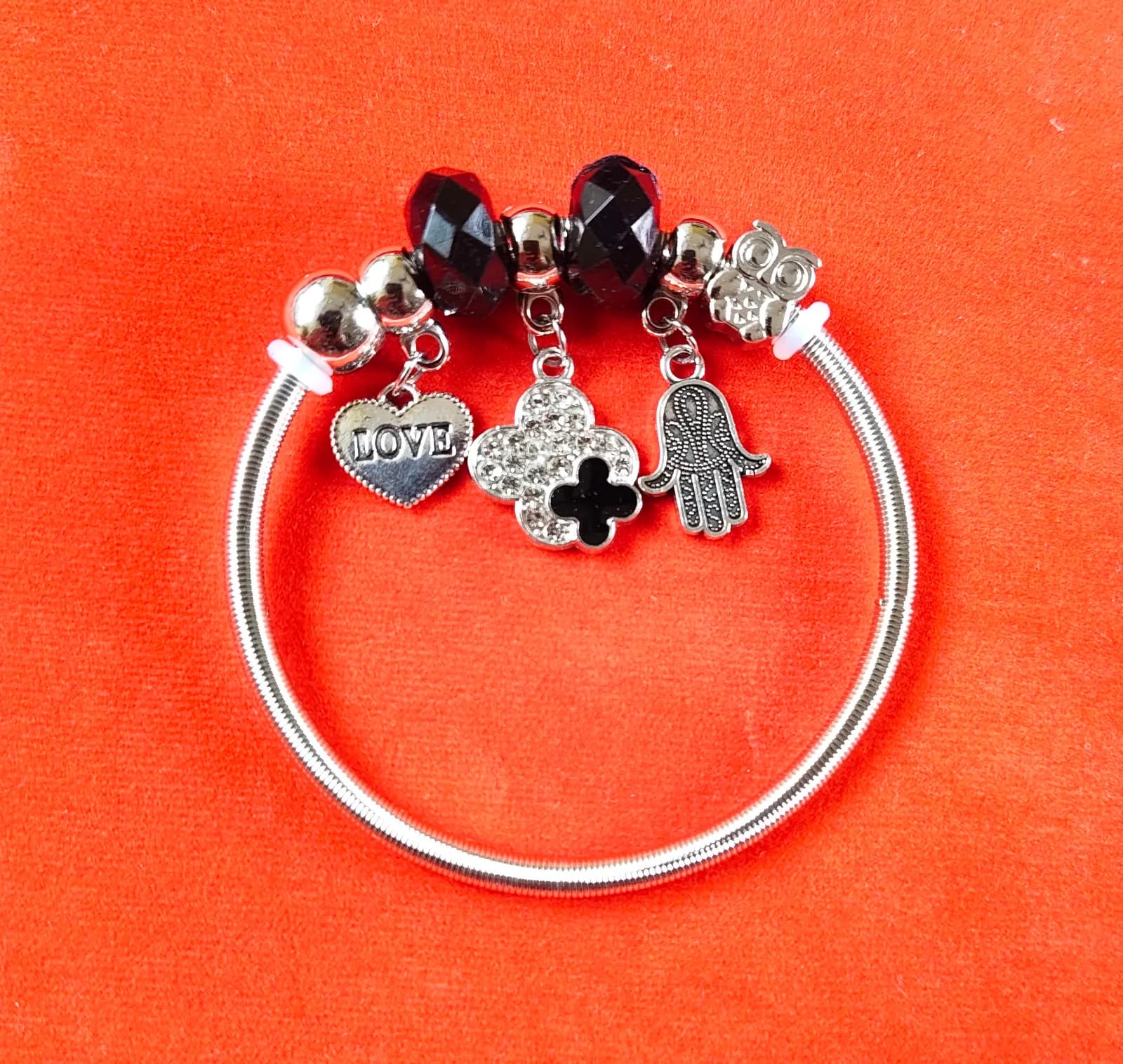 Silver Love Clover Hamsa Charm Bangle Bracelets