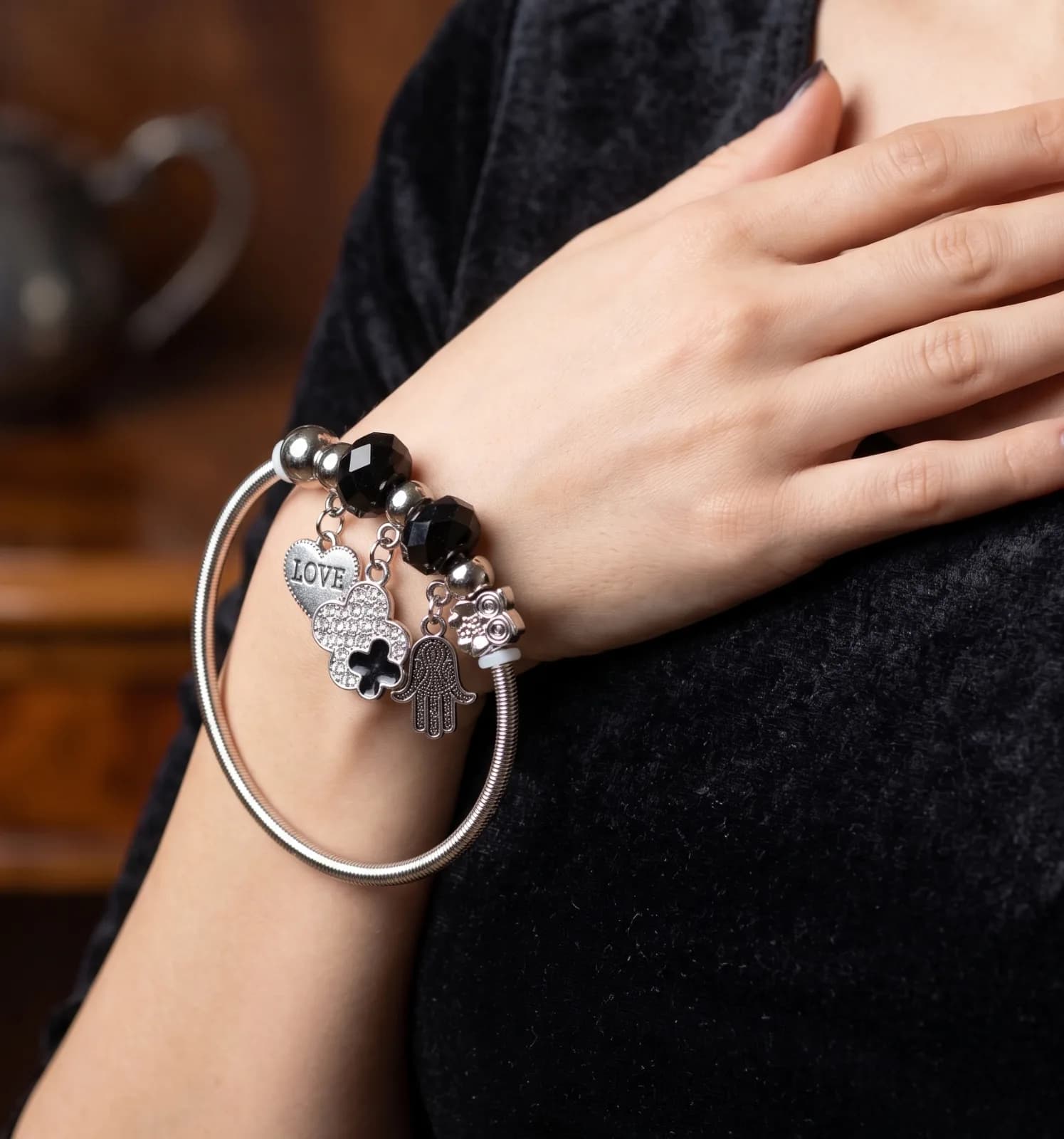 Silver Love Clover Hamsa Charm Bangle Bracelets 3