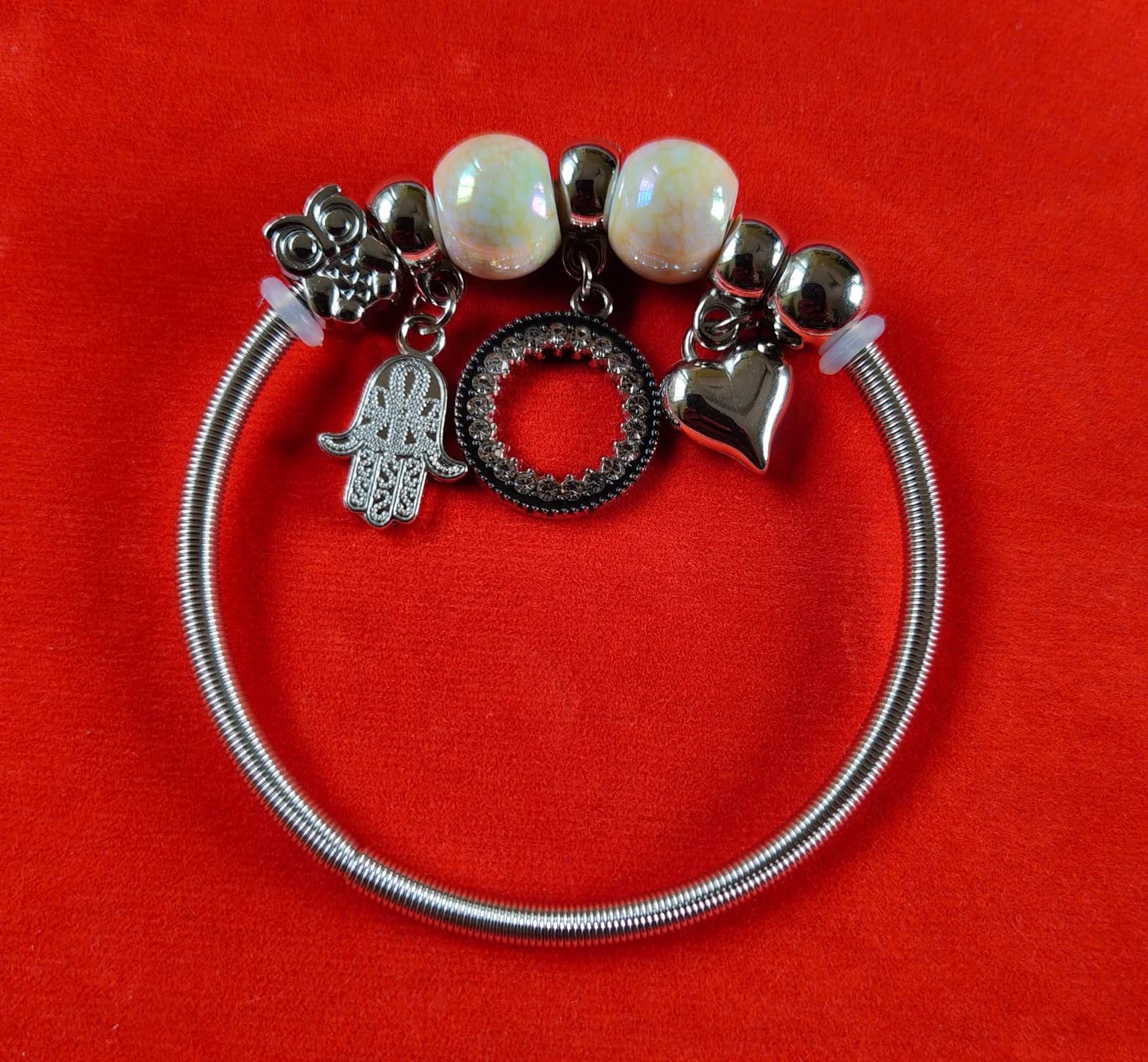 Silver Hamsa Circle Heart Charm Bangle Bracelets