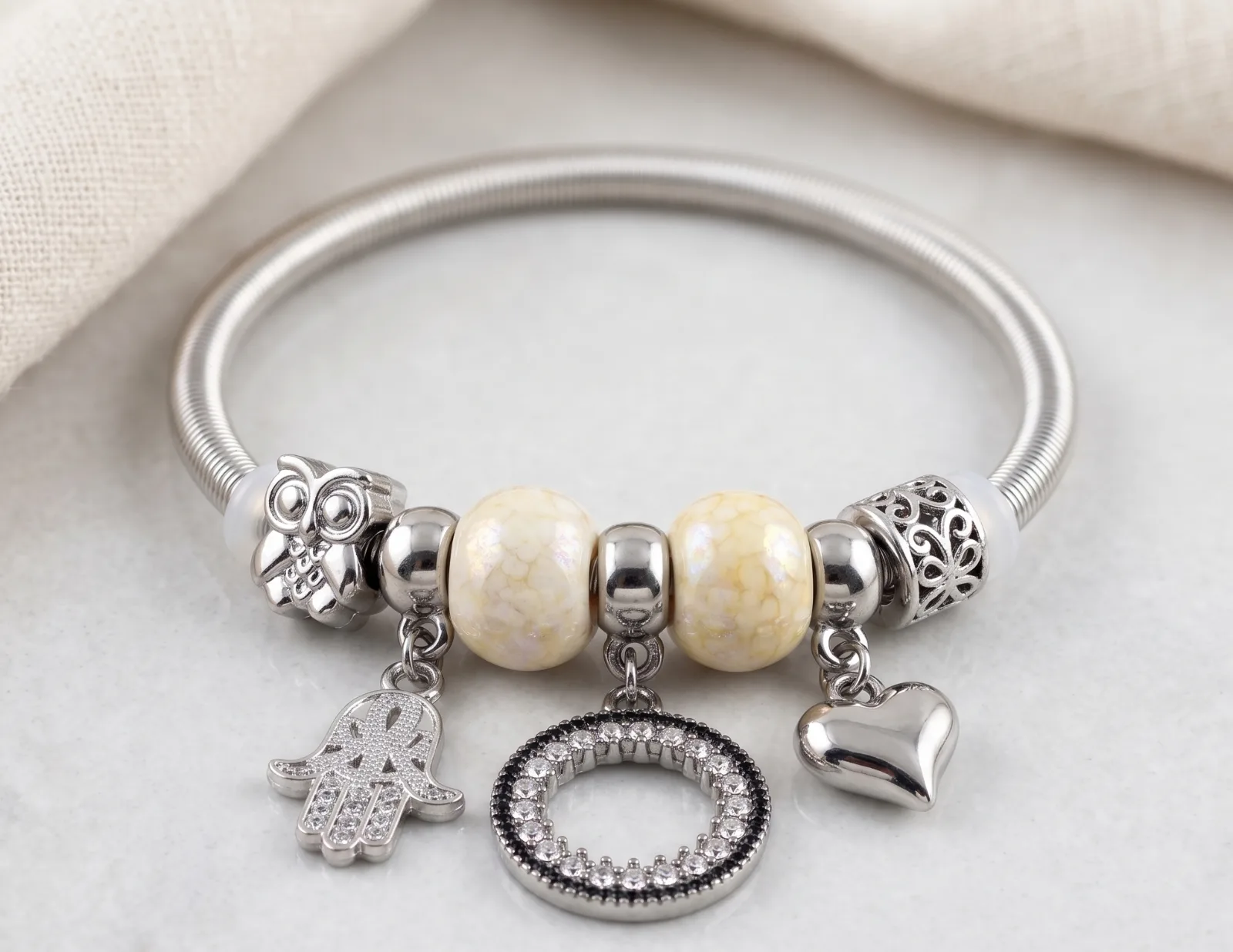 Silver Hamsa Circle Heart Charm Bangle Bracelets 2
