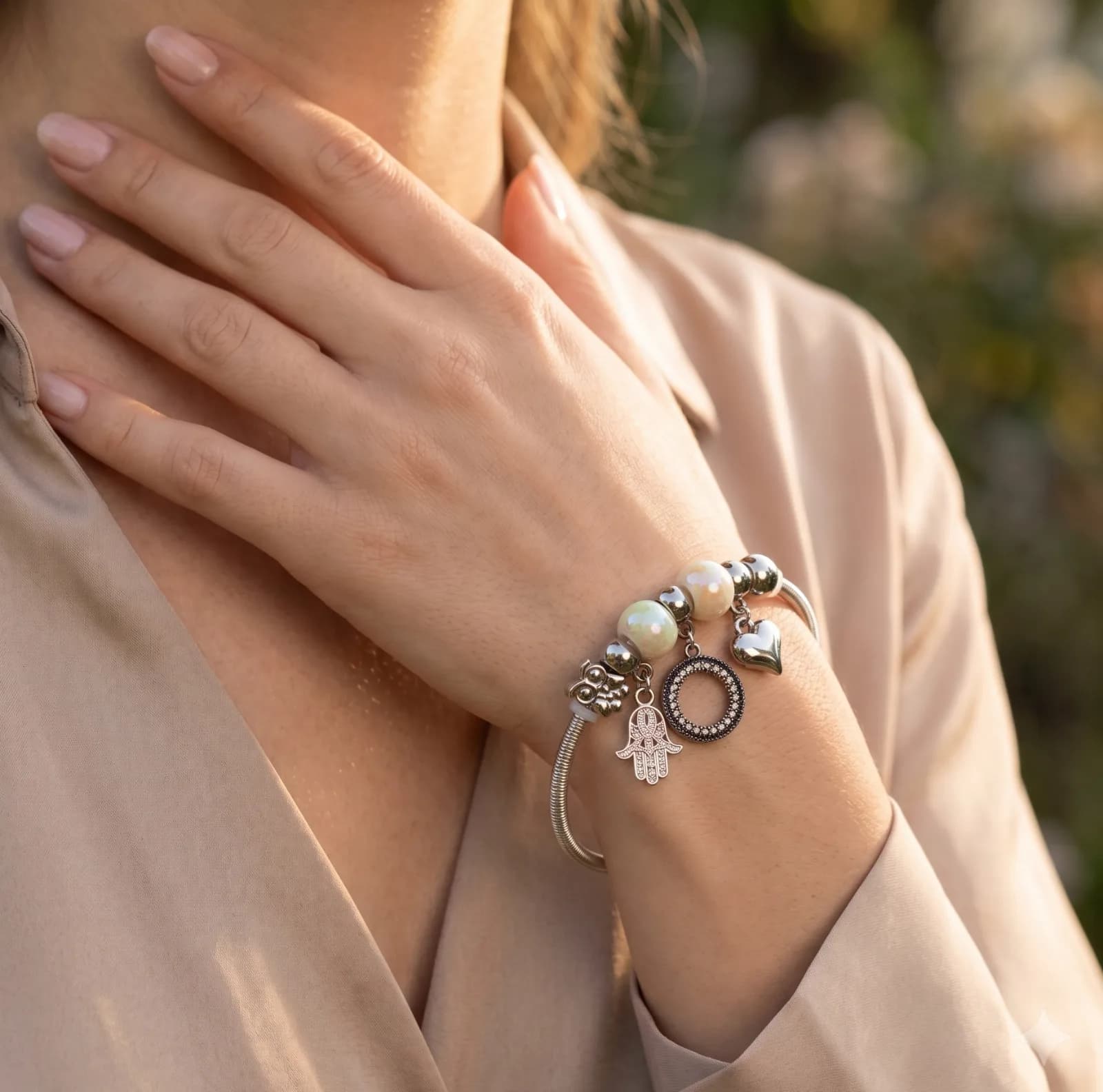 Silver Hamsa Circle Heart Charm Bangle Bracelets 3