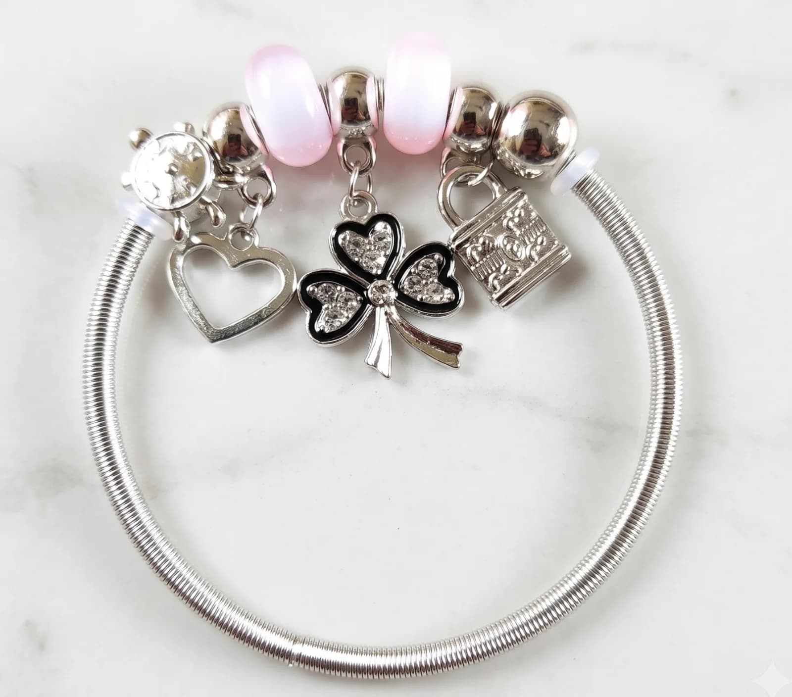 Silver Heart Clover Lock Charm Bangle Bracelets