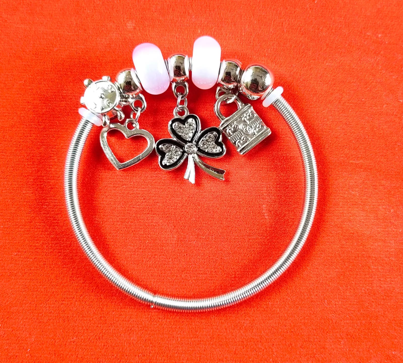 Silver Heart Clover Lock Charm Bangle Bracelets 2
