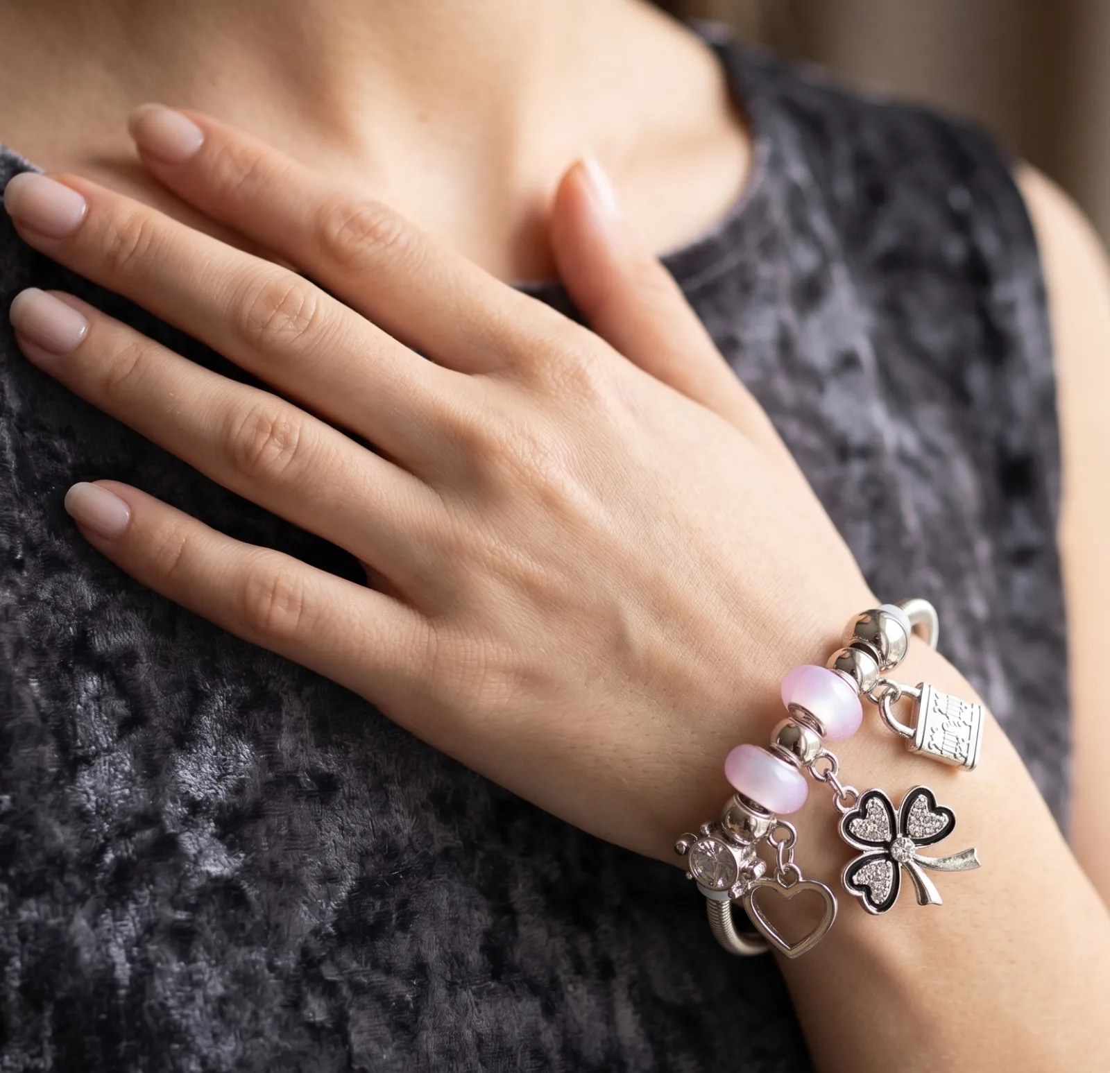 Silver Heart Clover Lock Charm Bangle Bracelets 3