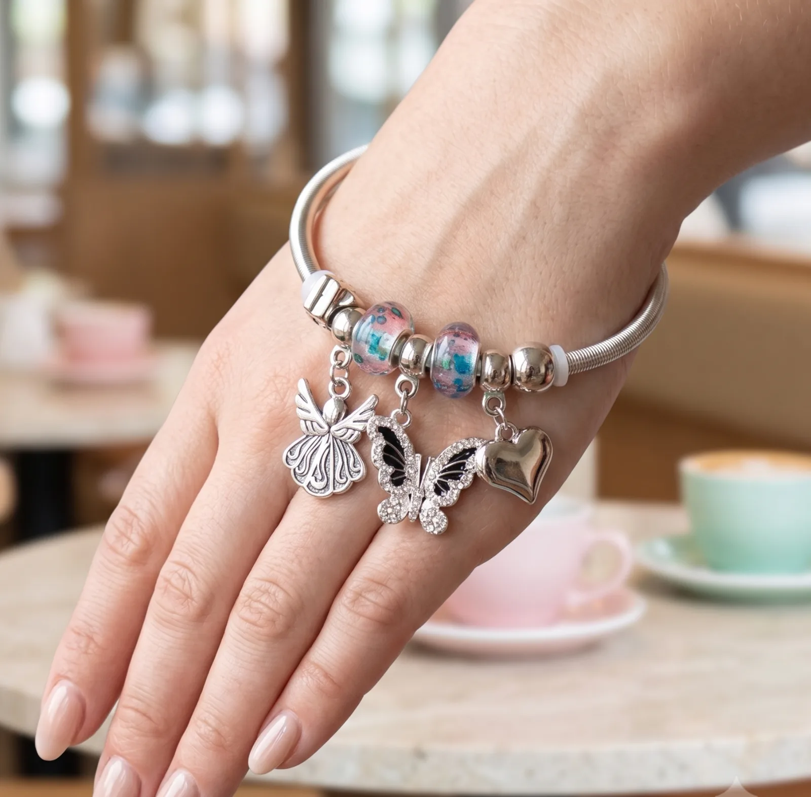 Silver Angel Butterfly Heart Charm Bangle Bracelets 3