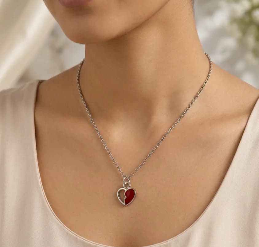 Silver Red Enamel Split Heart Pendant Necklace