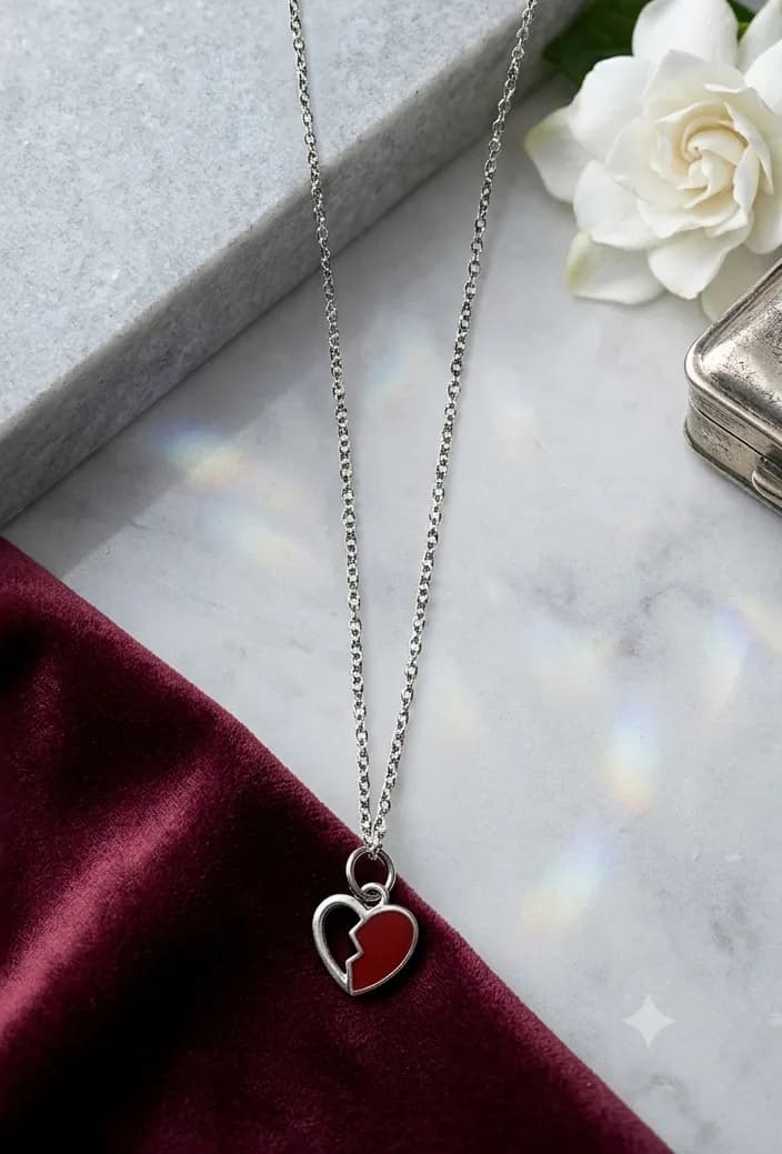 Silver Red Enamel Split Heart Pendant Necklace 2