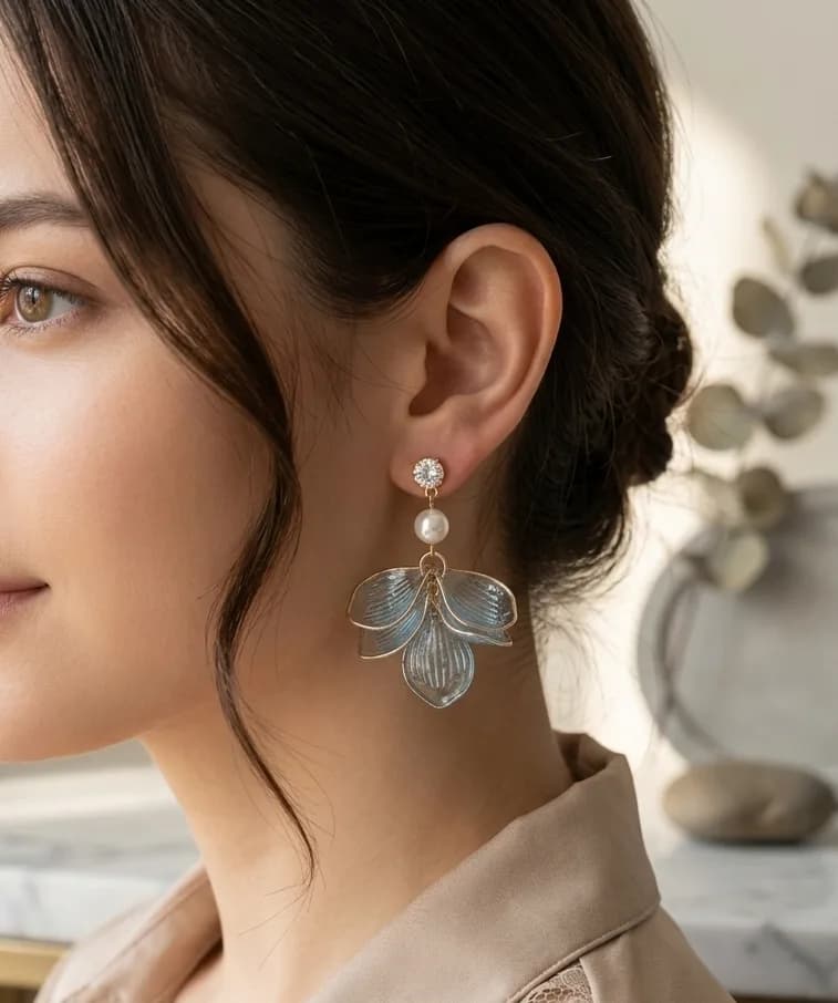 Elegant Blue Flower Pearl Drop Earrings 2