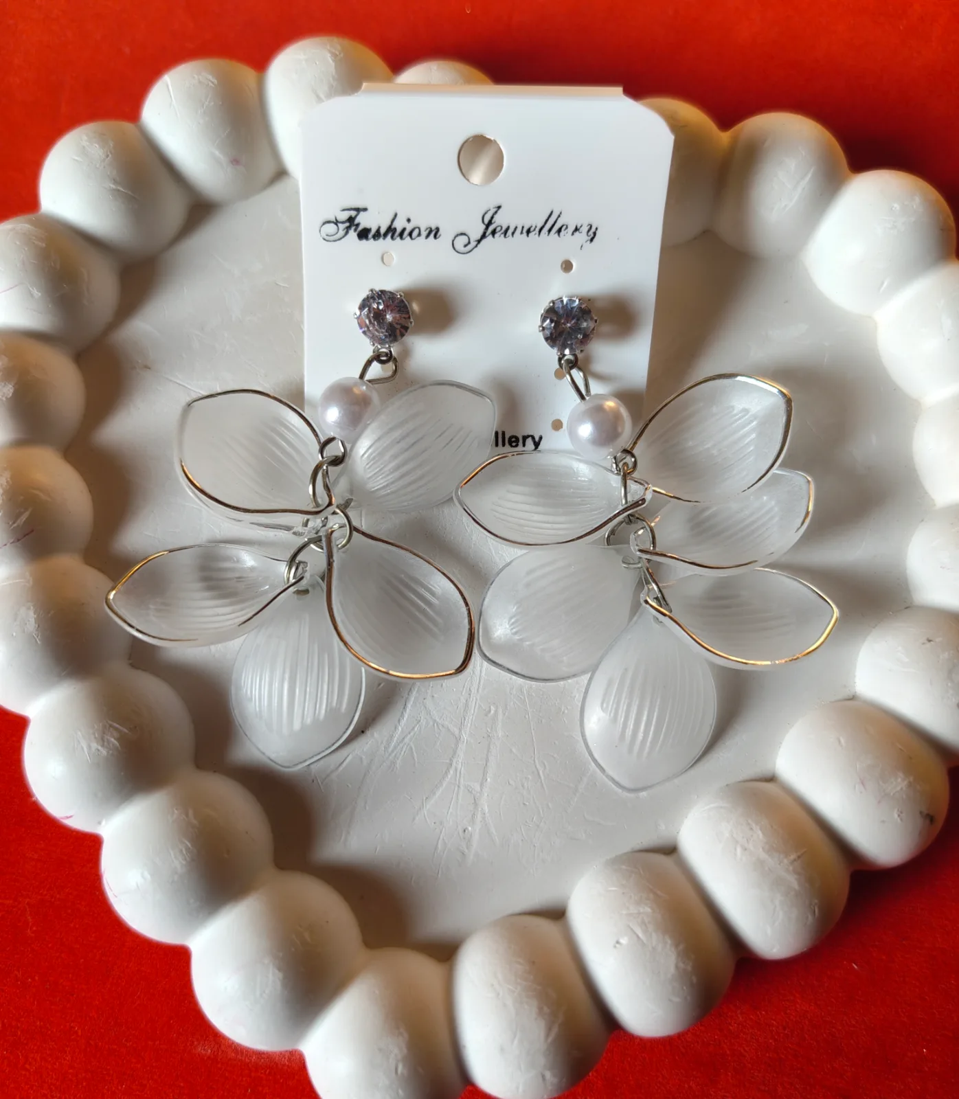 Elegant White Translucent 6-Petal Floral Drop Earrings with Pearl Accents